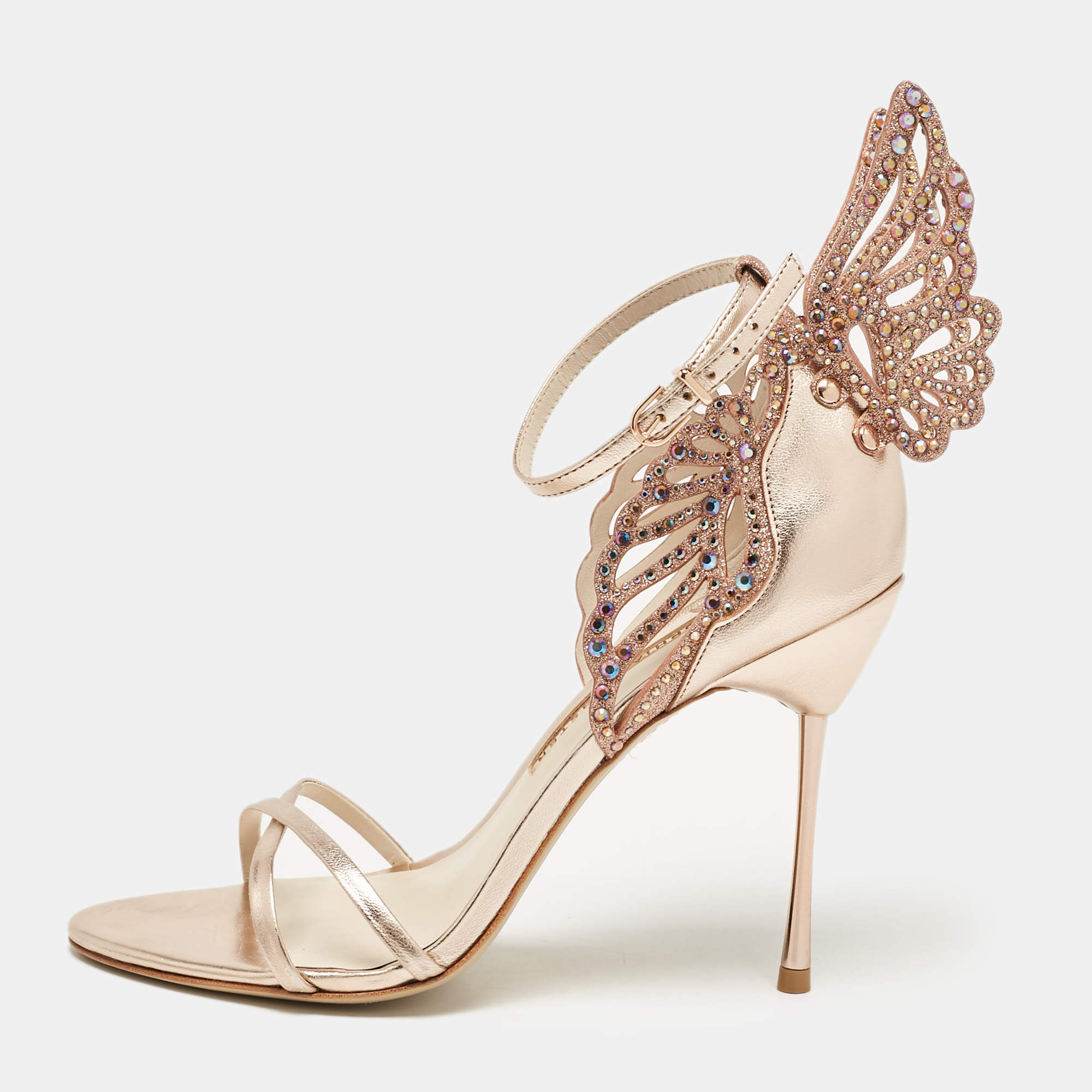 Sophia Webster Metallic Leather and Crystal Embellished Butterfly Ankle Strap Sandals Size 39