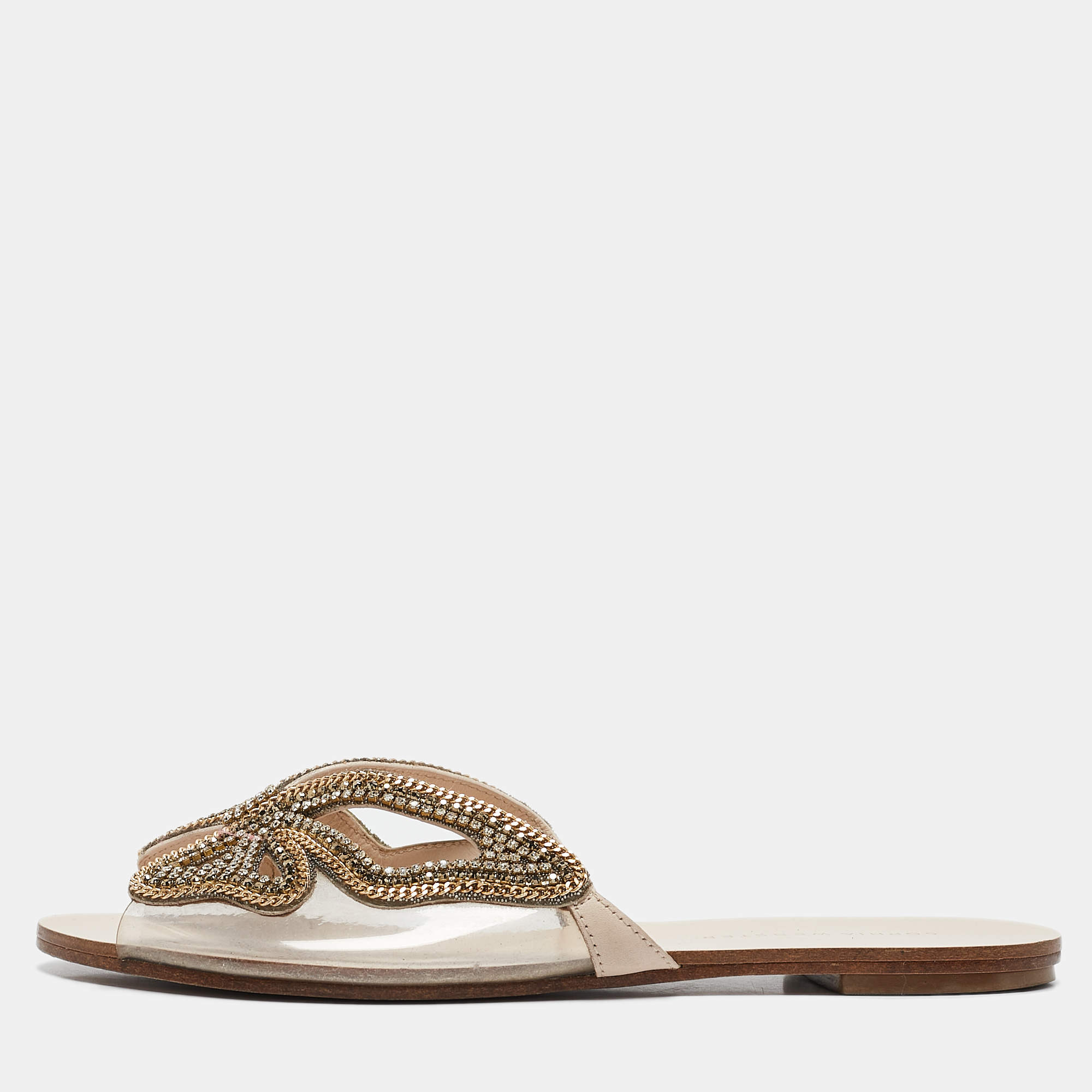 Pre Owned Sophia Webster Transparent PVC Madame Crystal Embellished Slide Flats Size 38