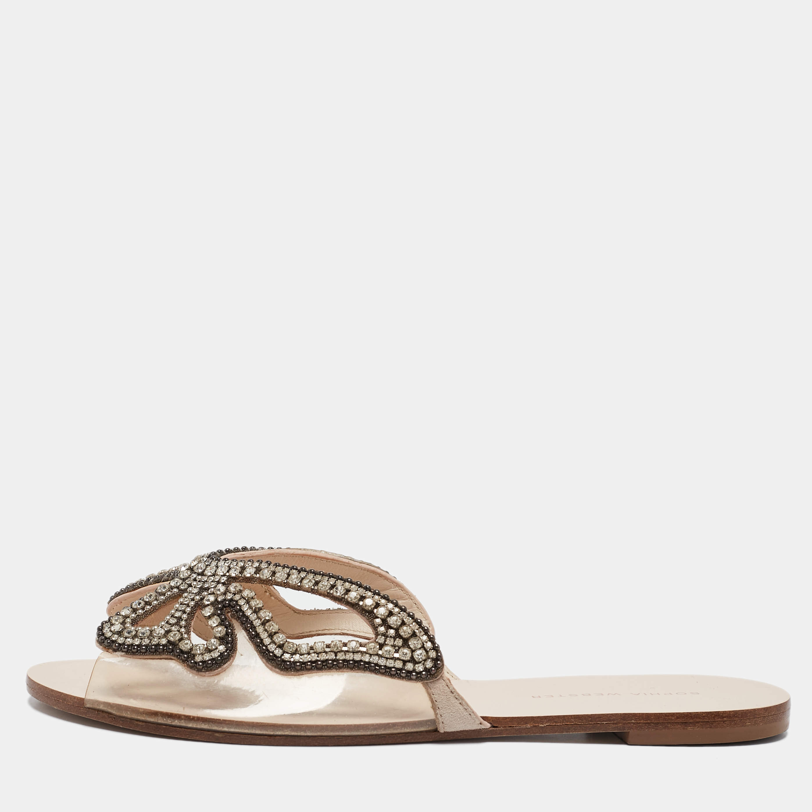 Sophia Webster Transparent PVC Crystal Embellished Madame Butterfly Flat Sandals Size 40