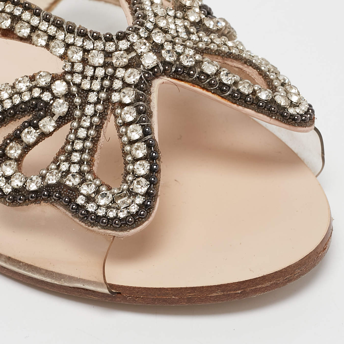 Pre Owned Sophia Webster Transparent PVC Crystal Embellished Madame Butterfly Flat Sandals Size 40