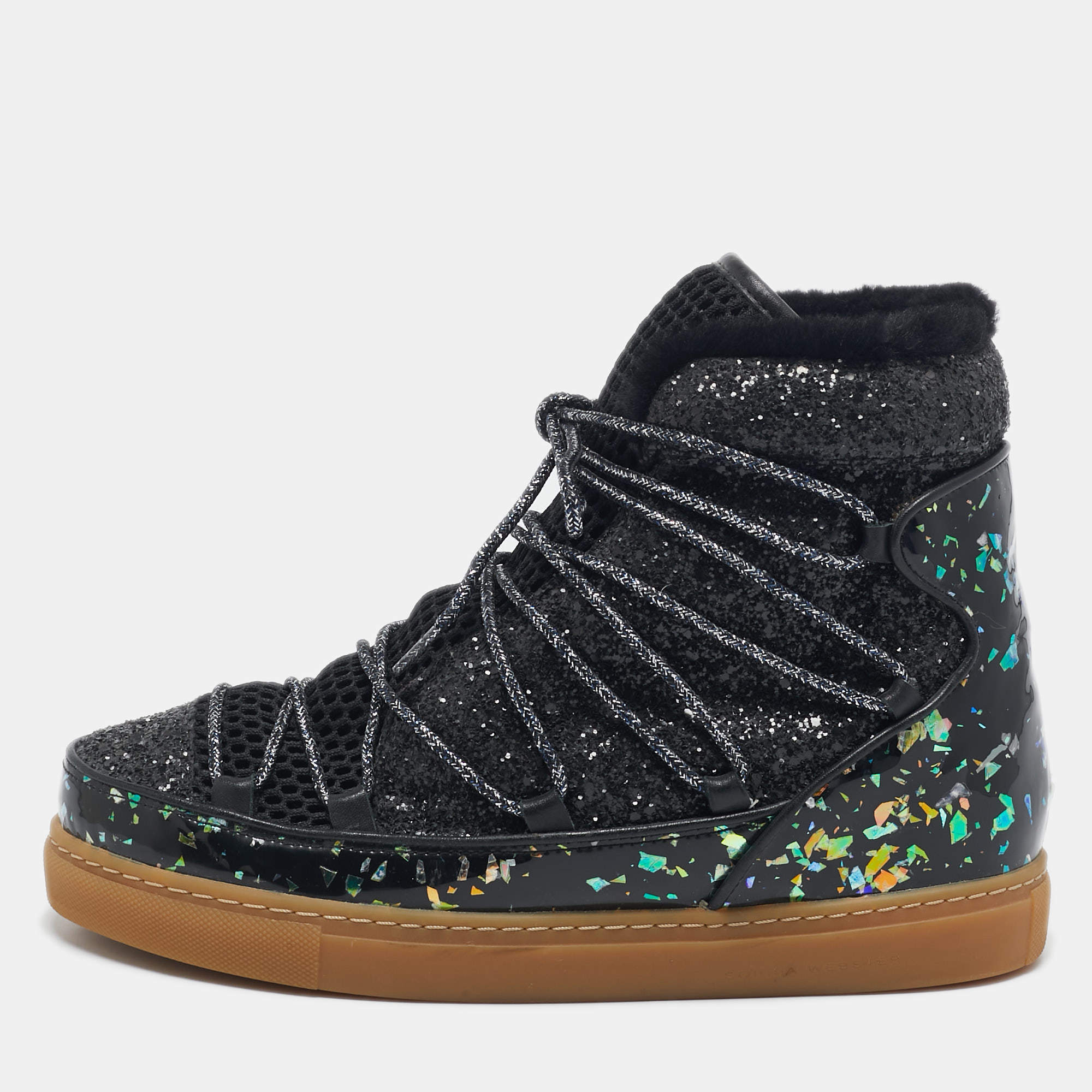 Pre Owned Sophia Webster Black Patent Leather and Glitter Snow Boots Size 39