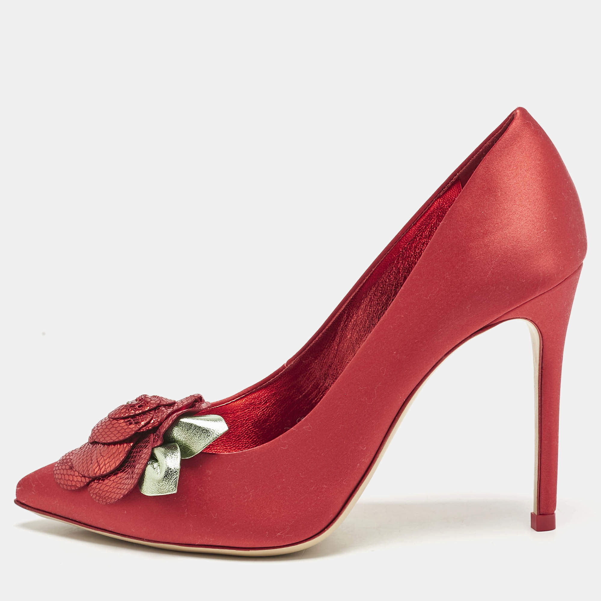 Sophia Webster Red Satin Rosette Pointed Toe Pumps Size 38.5