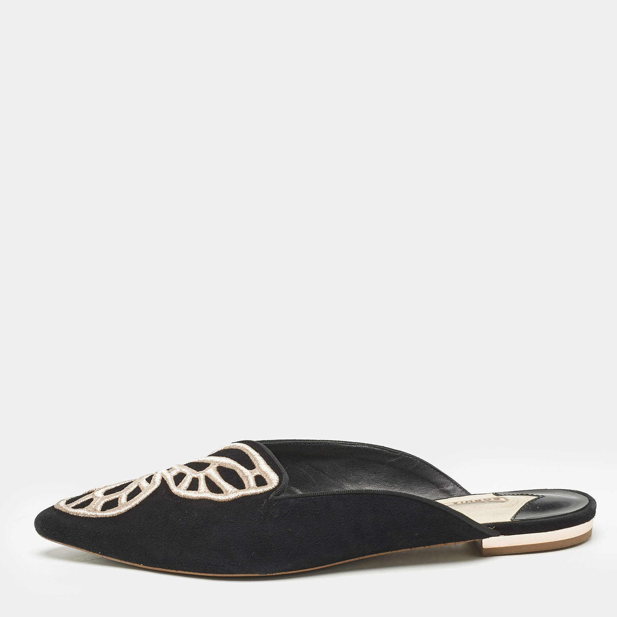 Sophia Webster Black Suede Bibi Butterfly Flat Mules Size 38