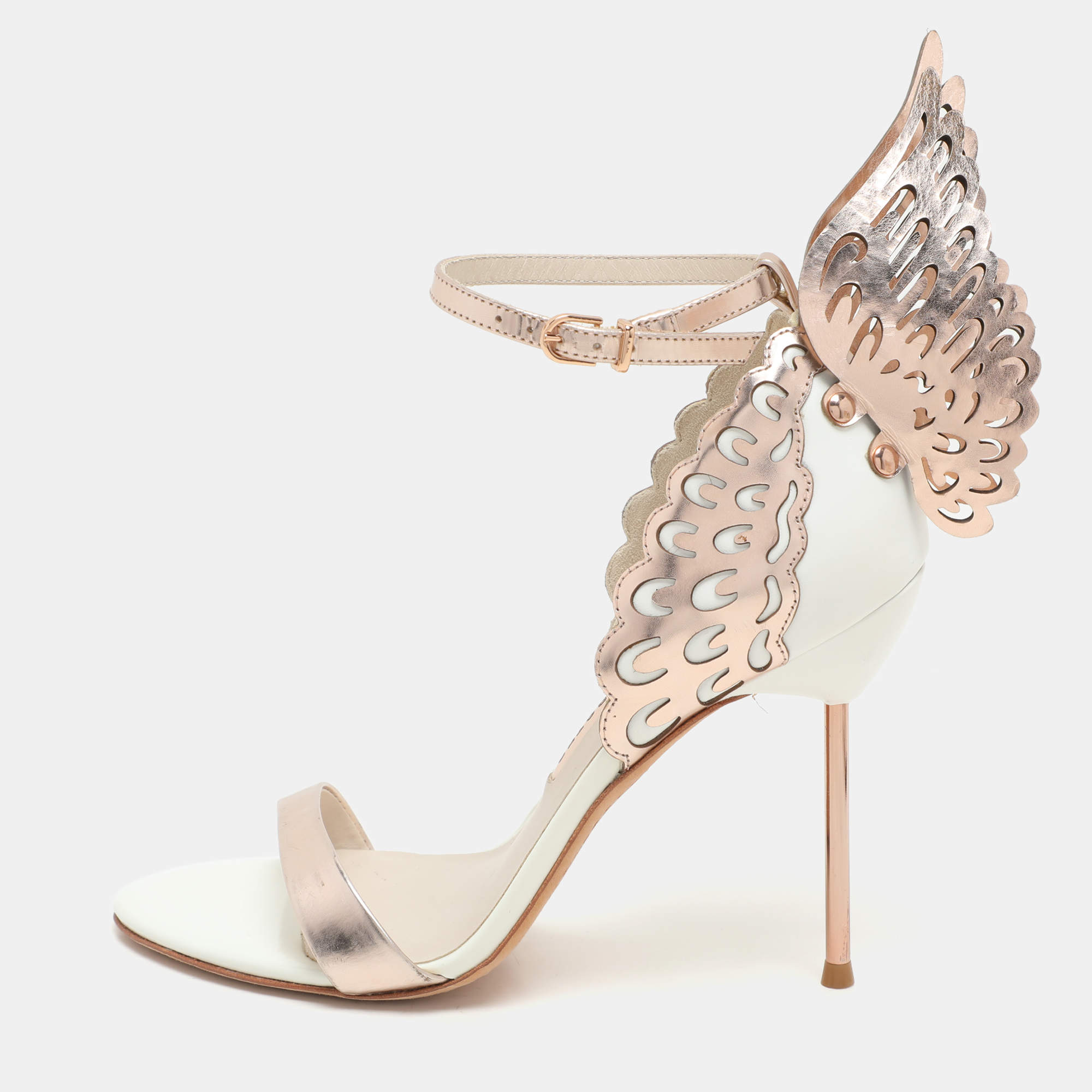 Sophia Webster Metallic Rose Gold/White Leather Evangeline Ankle Strap Sandals Size 37