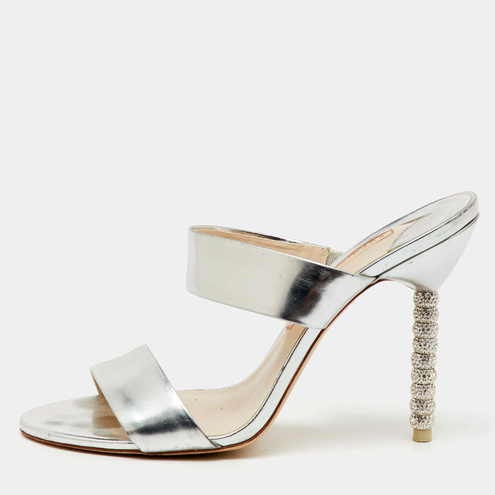 Sophia Webster Silver Foil Leather Crystal Embellished Heel Slide Sandals Size 40