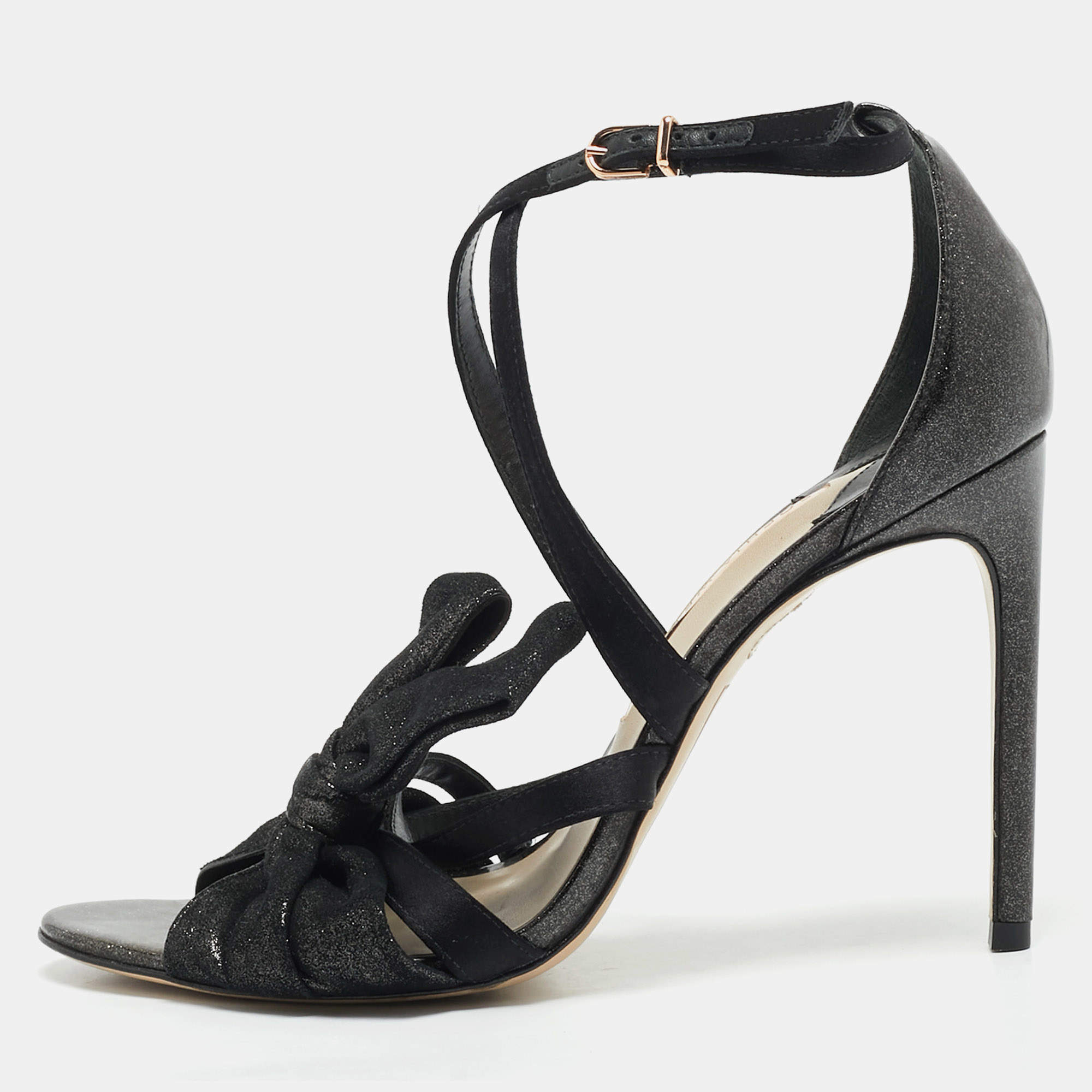 Sophia Webster Black Metallic Leather an Fabric Bonnie Ankle Strap Sandals Size 39