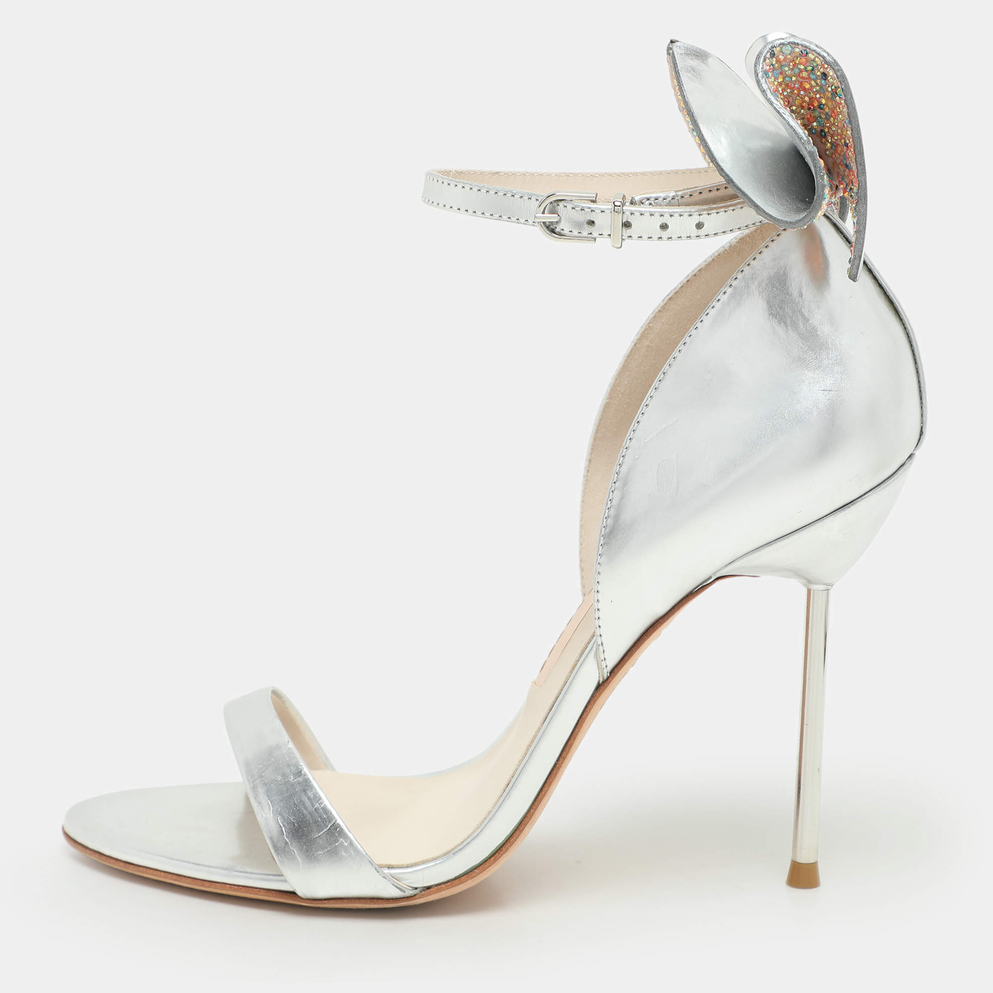 Pre Owned Sophia Webster Metallic Silver Leather Maya Crystal Embellished Bow Ankle Strap Sandals Size 37