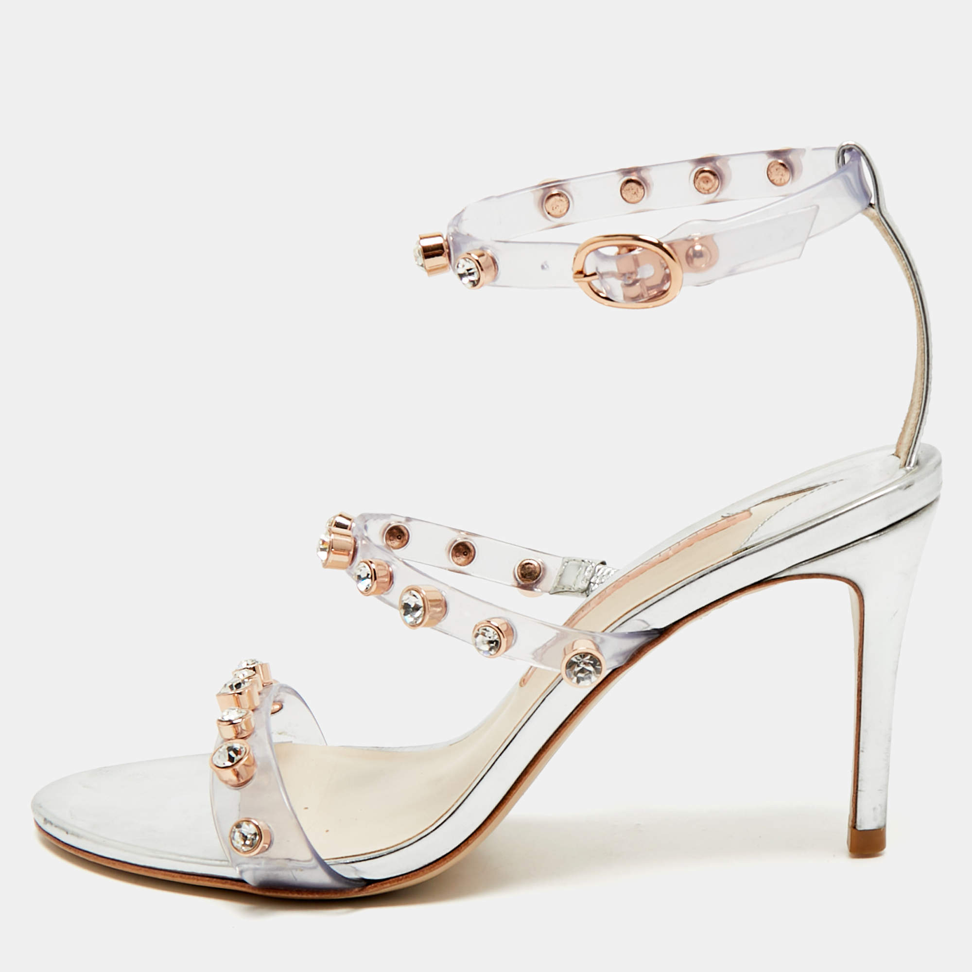 Pre Owned Sophia Webster Sliver Leather And PVC Crystal Embellished Ankle Strap Sandals Size 37