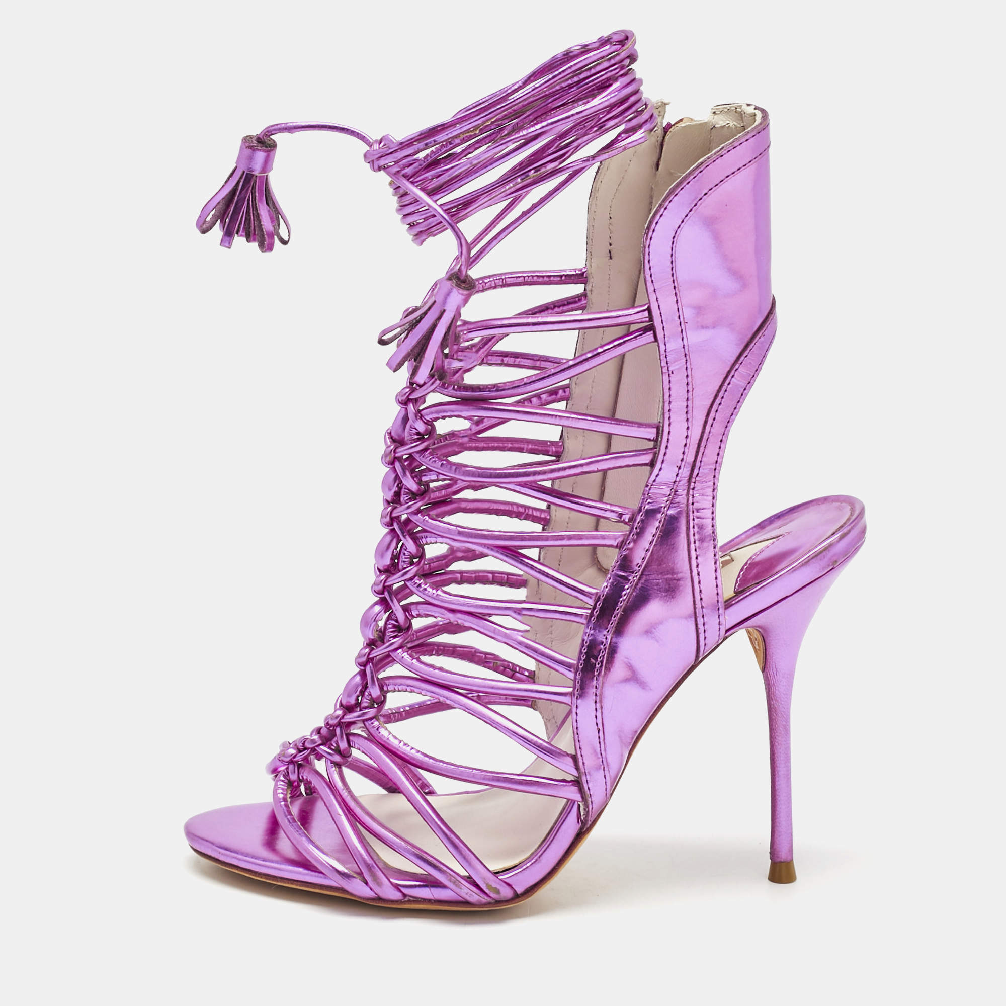 Pre Owned Sophia Webster Metallic Purple Leather Lacey Tie Up Sandals Size 35.5