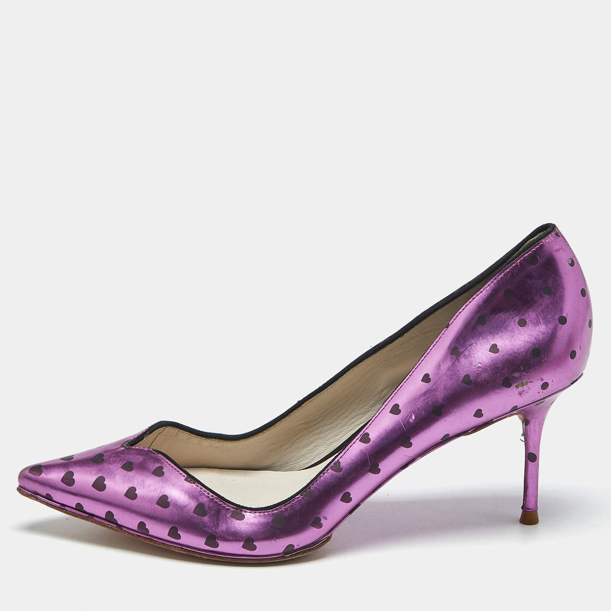 Pre Owned Sophia Webster Purple Heart Print Leather Loren Peep Toe Pumps Size 37