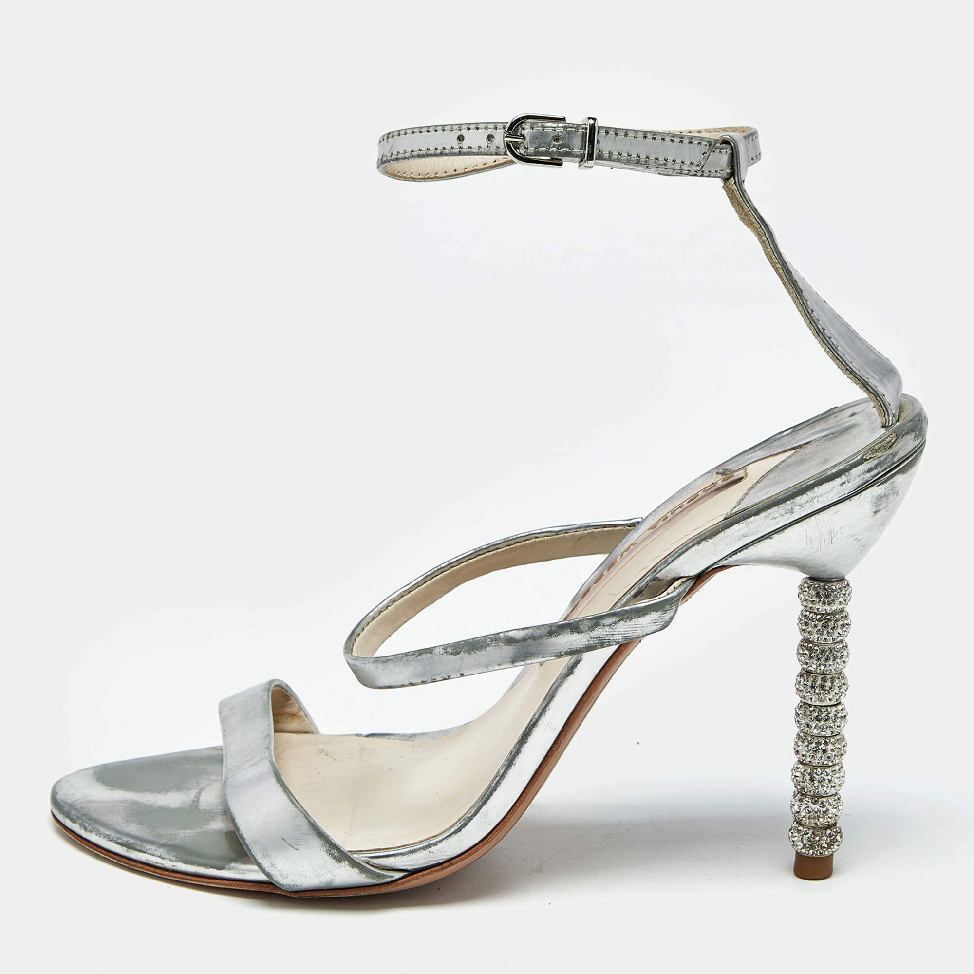 Pre Owned Sophia Webster Rose Silver Leather Rosalind Crystal Heel Ankle Strap Sandals Size 38.5
