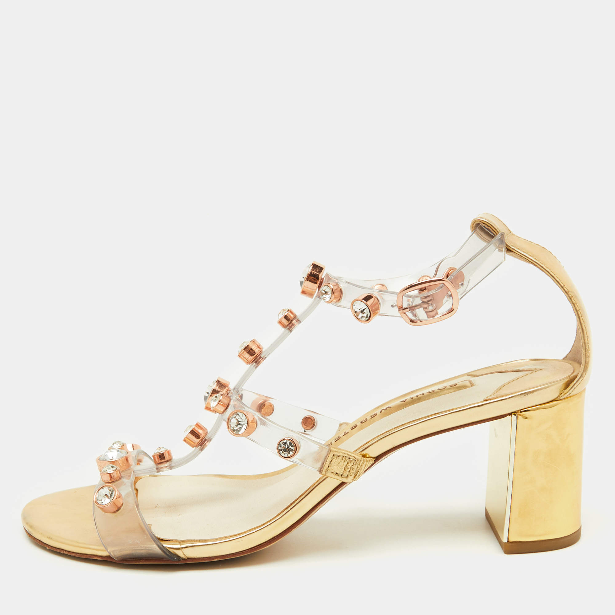 Pre Owned Sophia Webster Transparent/Gold PVC and Leather Crystal Studded Ankle Strap Sandals Size 38