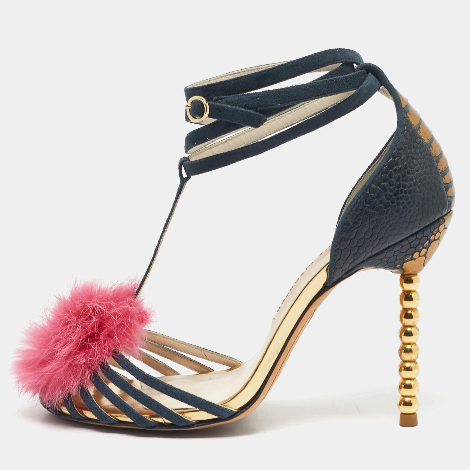 Pre Owned Sophia Webster Green Suede and Fur Detail Ankle Strap Wrap Up Sandals Size 38