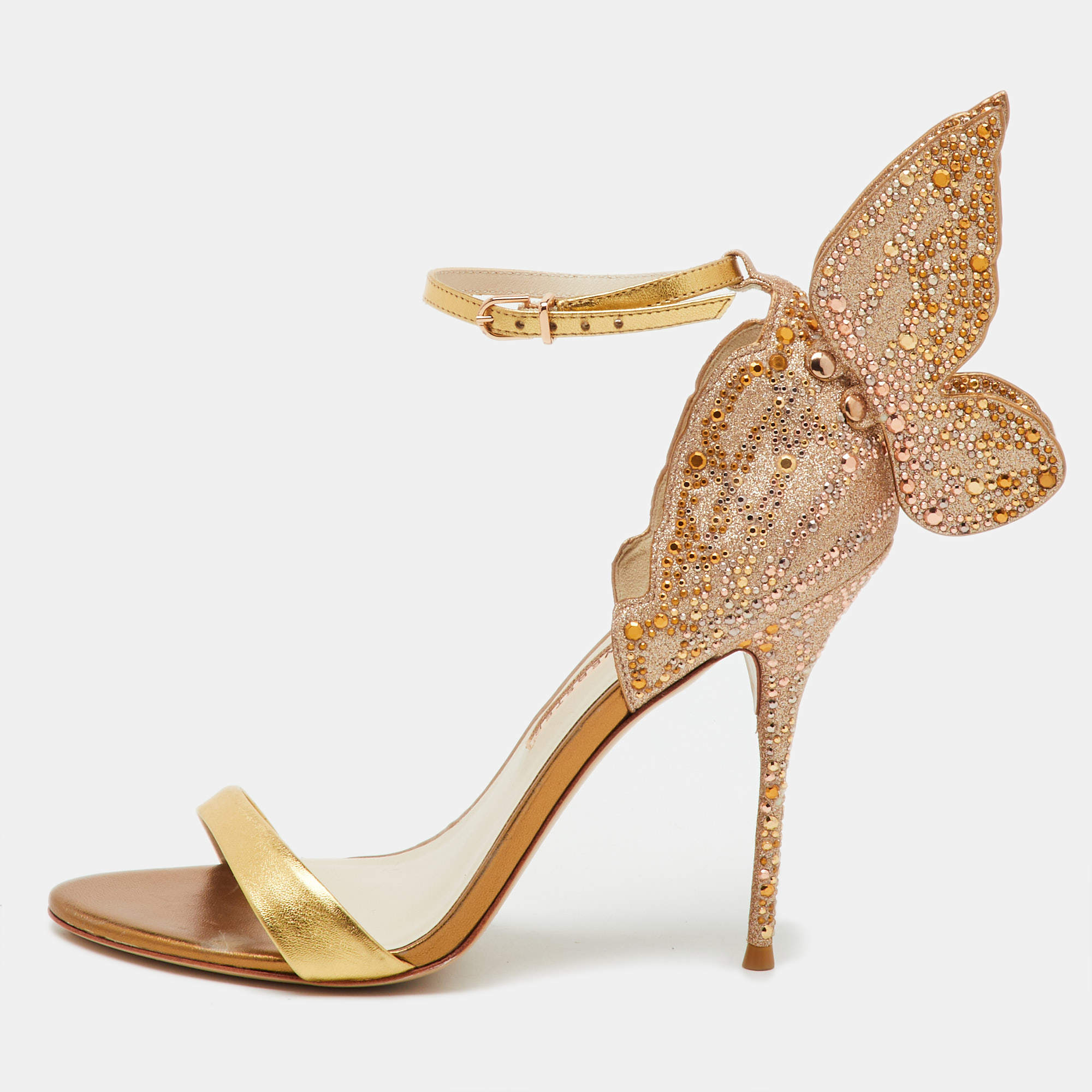 Pre Owned Sophia Webster Gold Leather and Glitter Embellished Chiara Ankle Strap Sandals Size 39