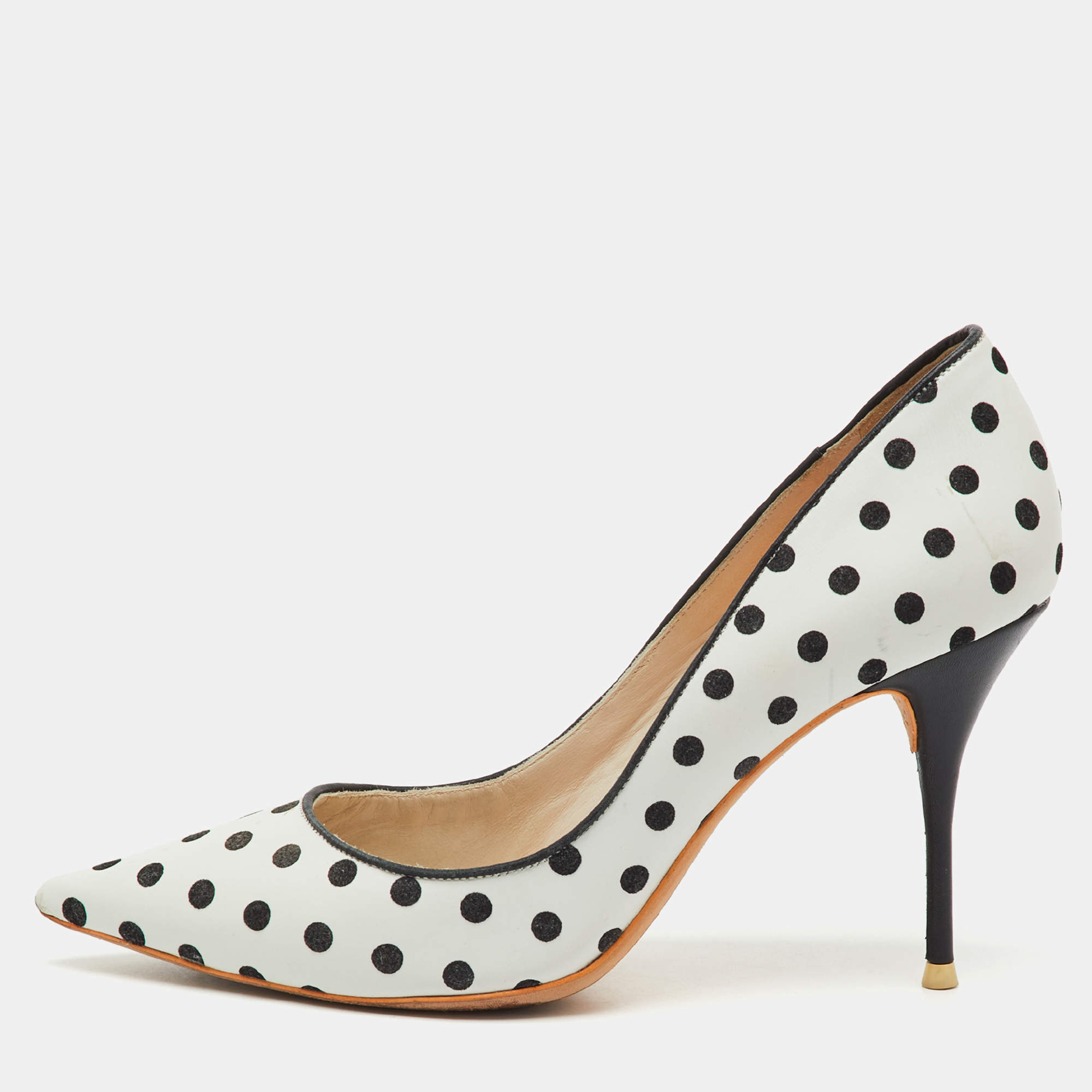 Pre Owned Sophia Webster White/Black Polka Dot Leather Pointed Toe Pumps Size 37.5