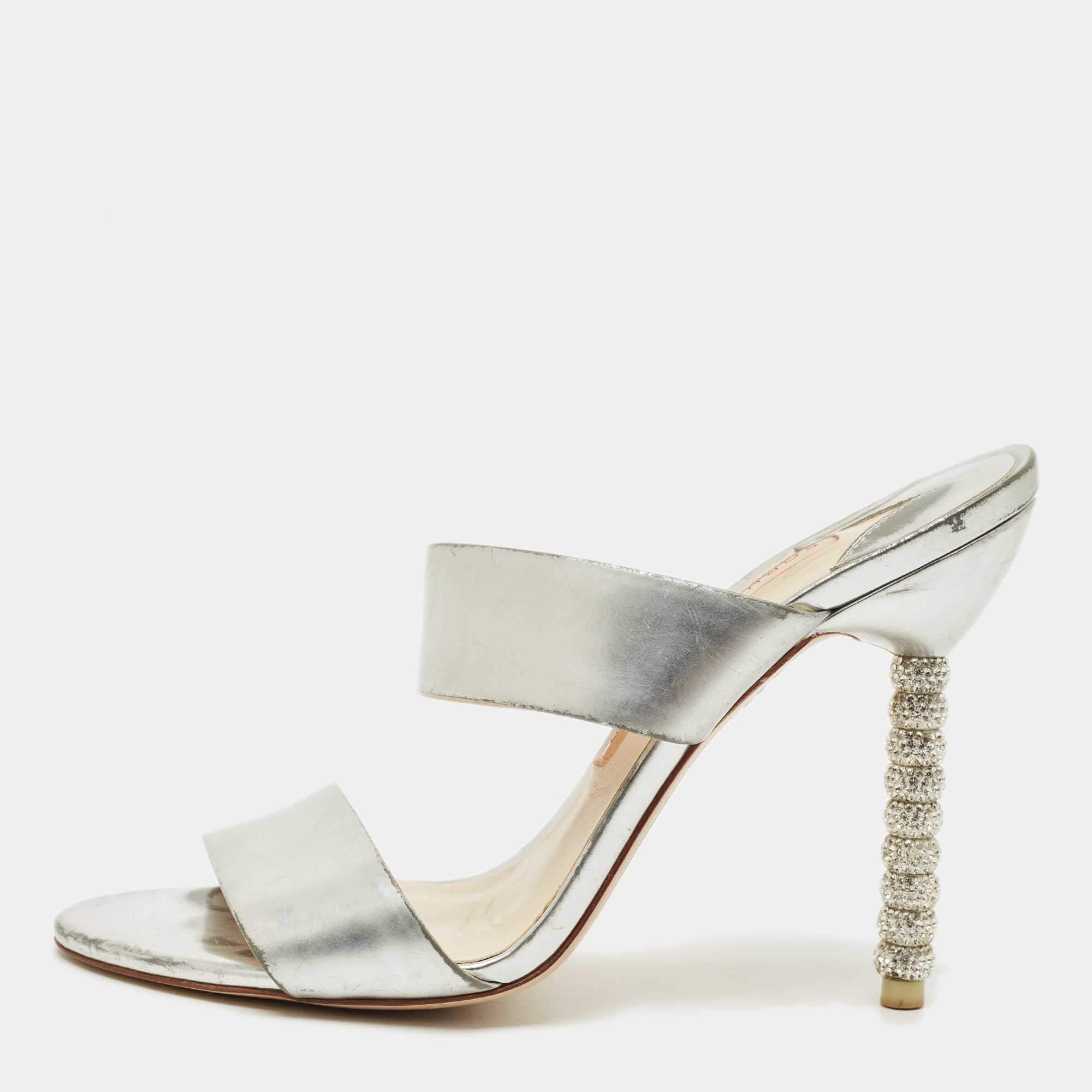 Pre Owned Sophia Webster Silver Foil Leather Crystal Embellished Heel Slide Sandals Size 37