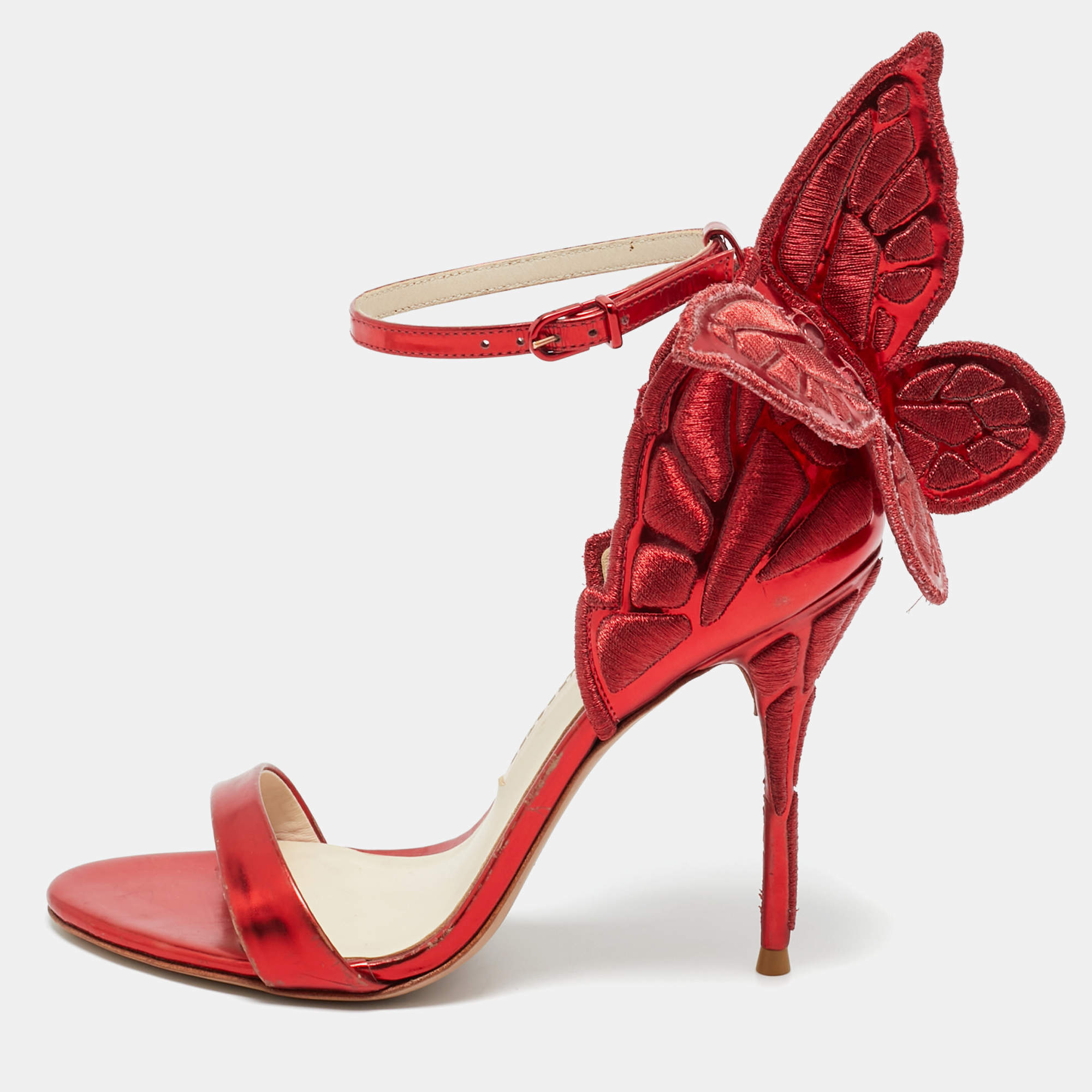 Pre Owned Sophia Webster Red Leather Chiara Ankle Strap Sandals Size 37.5