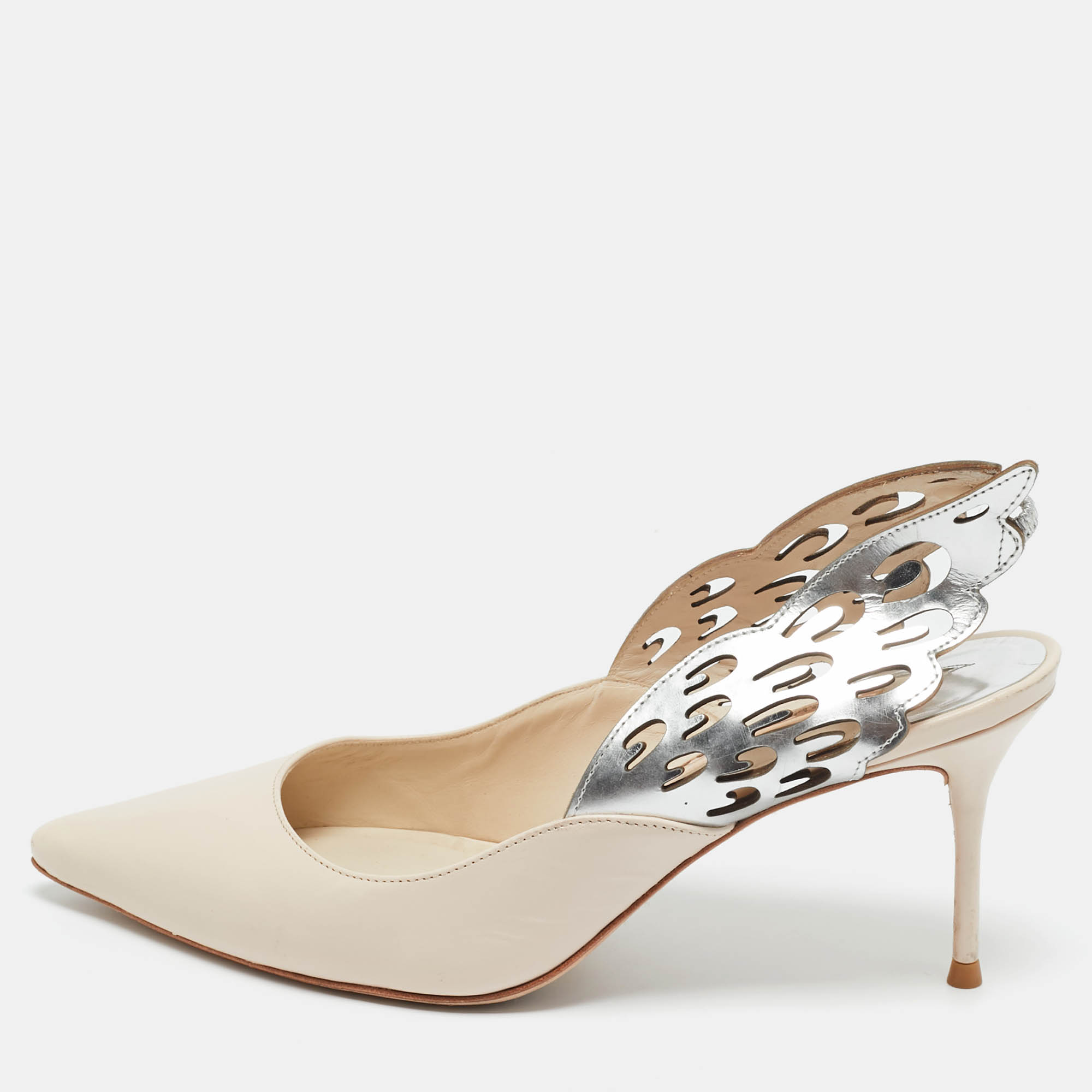Pre Owned Sophia Webster Beige/Silver Leather Angelo Slingback Pumps 37.5