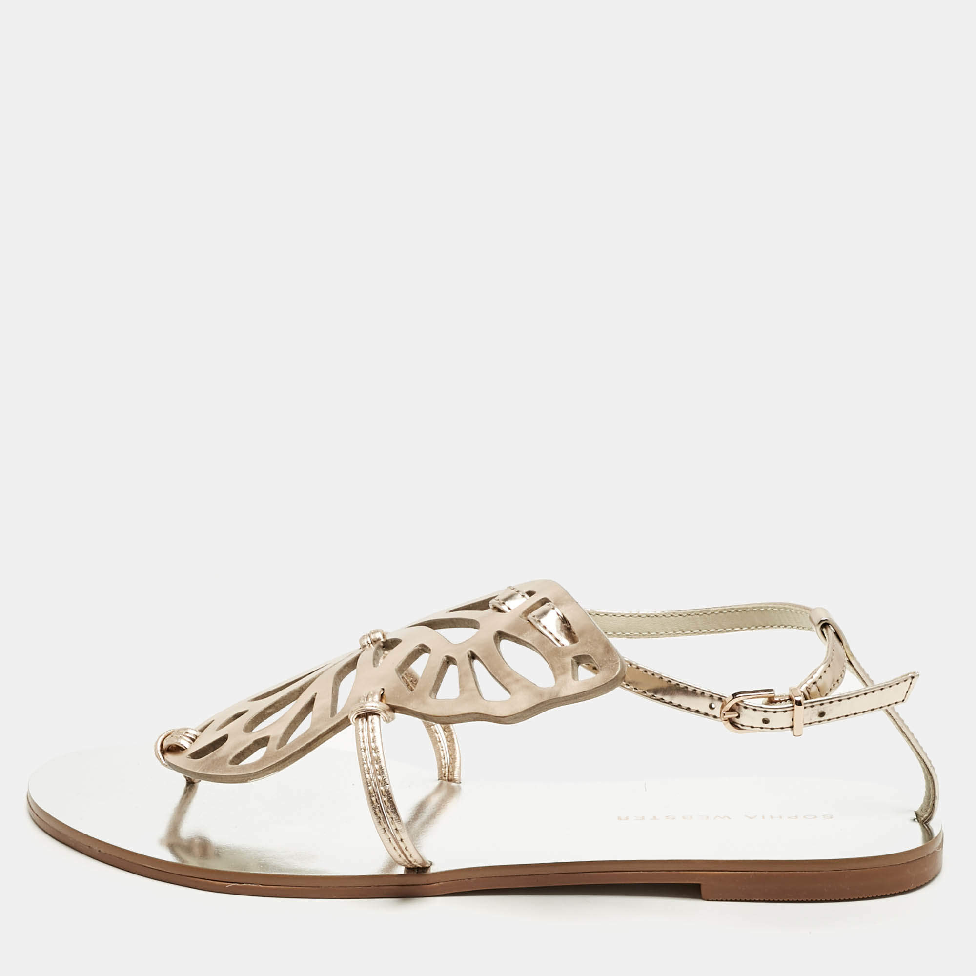 Pre Owned Sophia Webster Gold Leather Butterfly Ankle Strap Slingback Flats Size 39