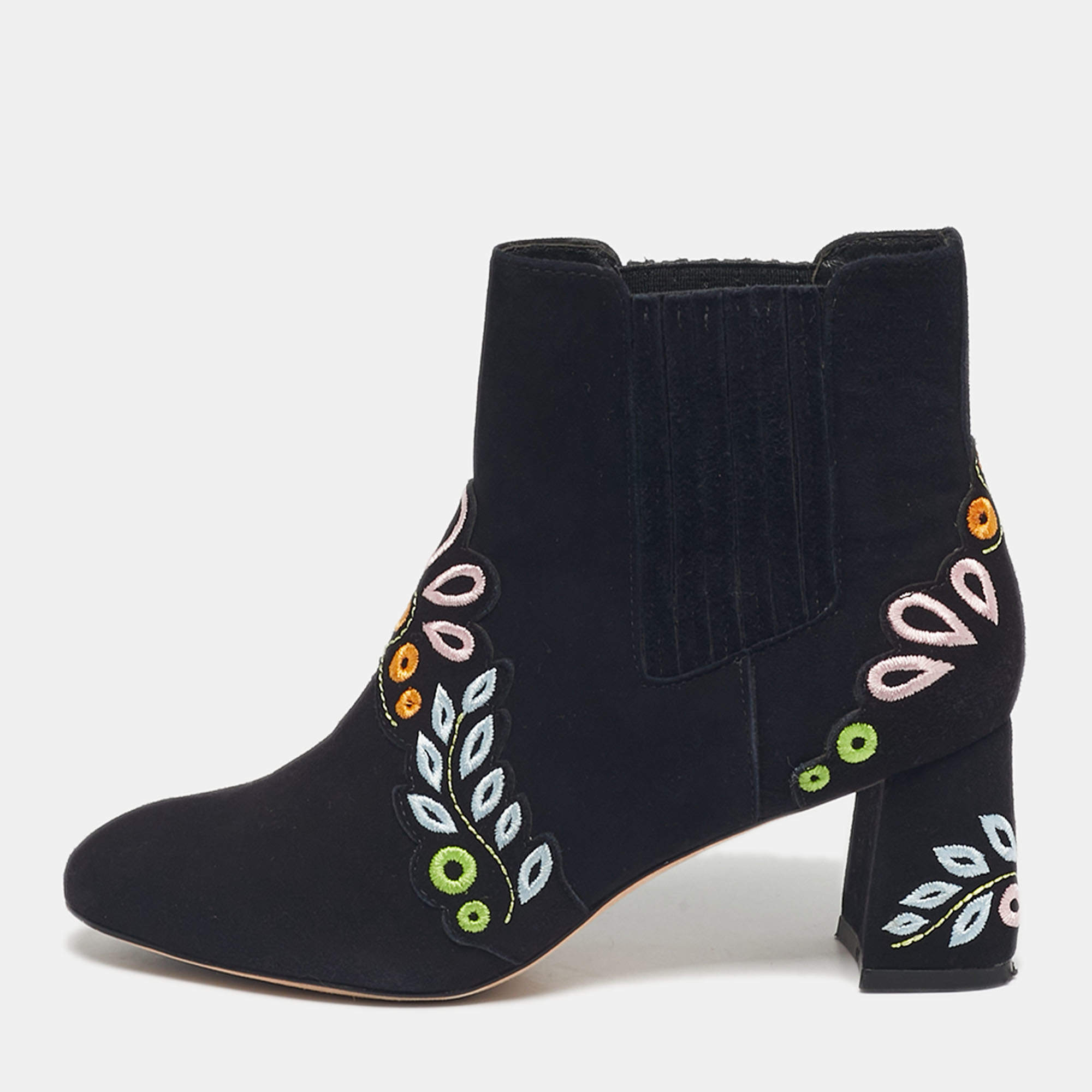 Pre Owned Sophia Webster Black Embroidered Suede Liliana Ankle Length Boots Size 37