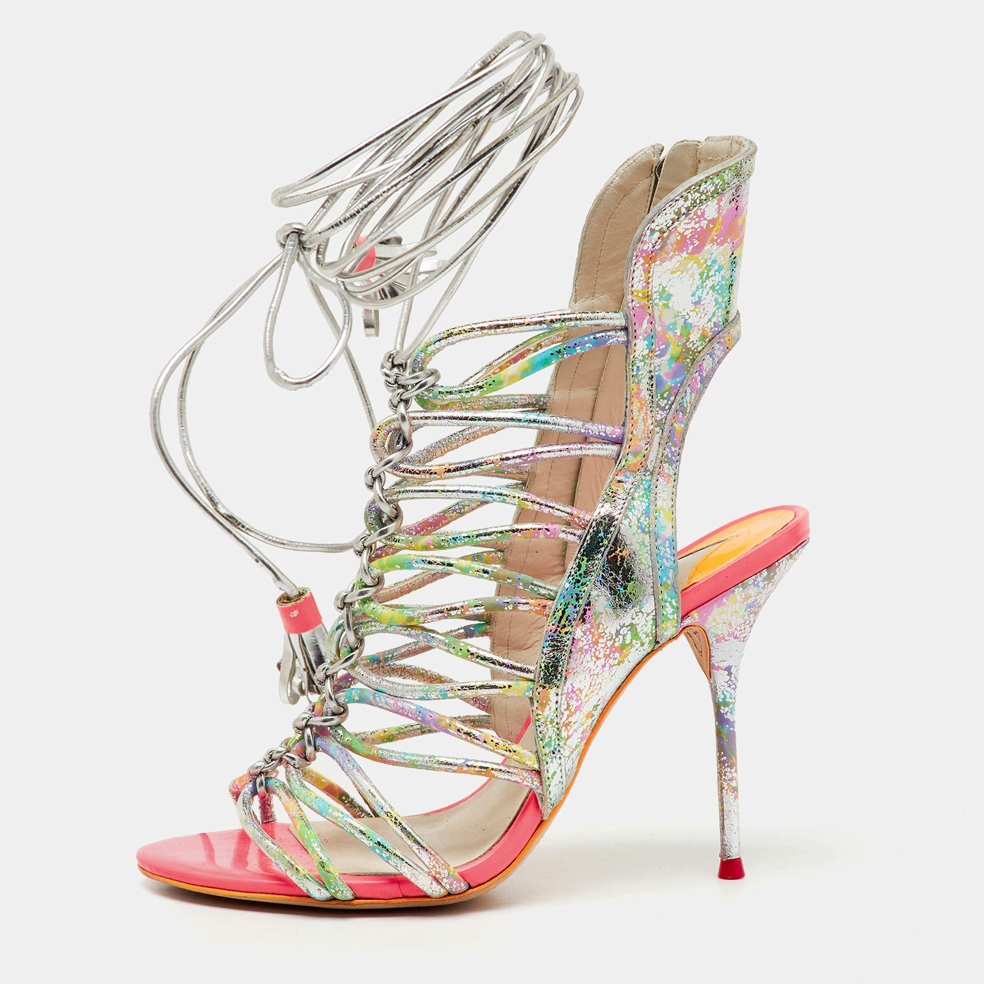 Pre Owned Sophia Webster Metallic Multicolour Leather Lacey Tie Up Sandals Size 38