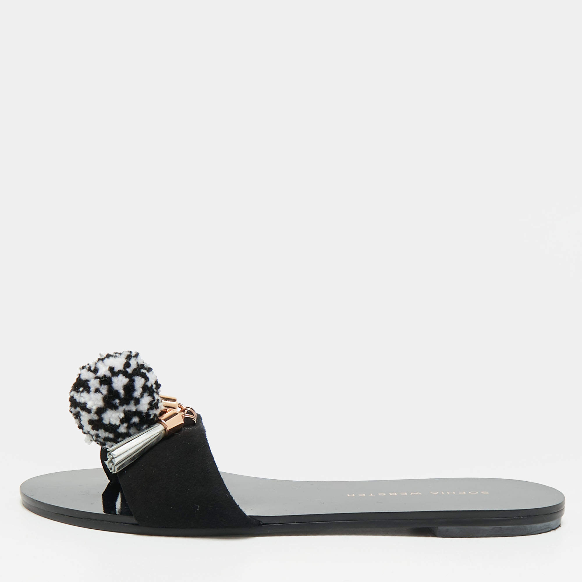Pre Owned Sophia Webster Jada Size 35.5 Black Suede Pom Pom Flat Slide