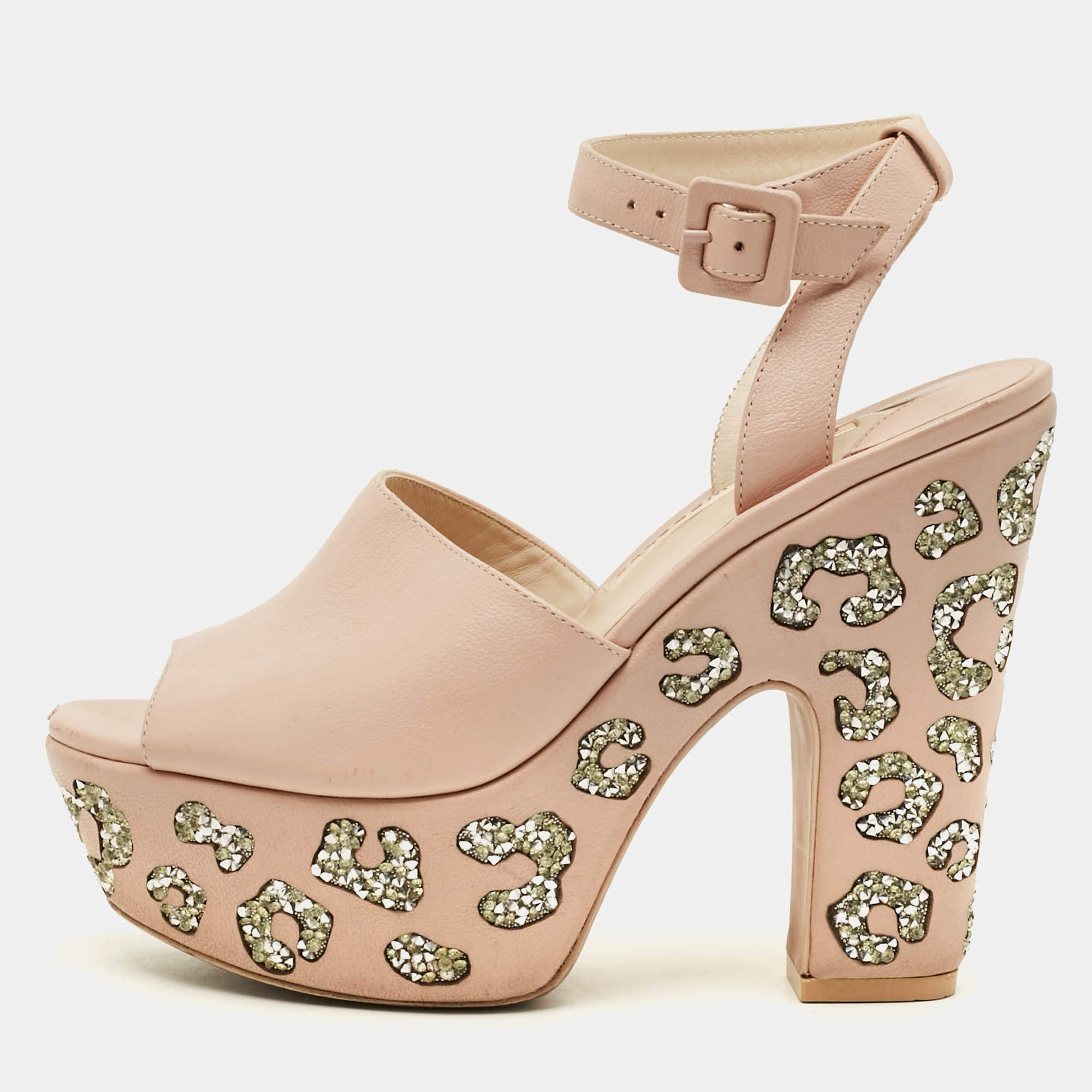 Pre Owned Sophia Webster Size 37 Pink Leather Platform Crystal Block Heel Sandals