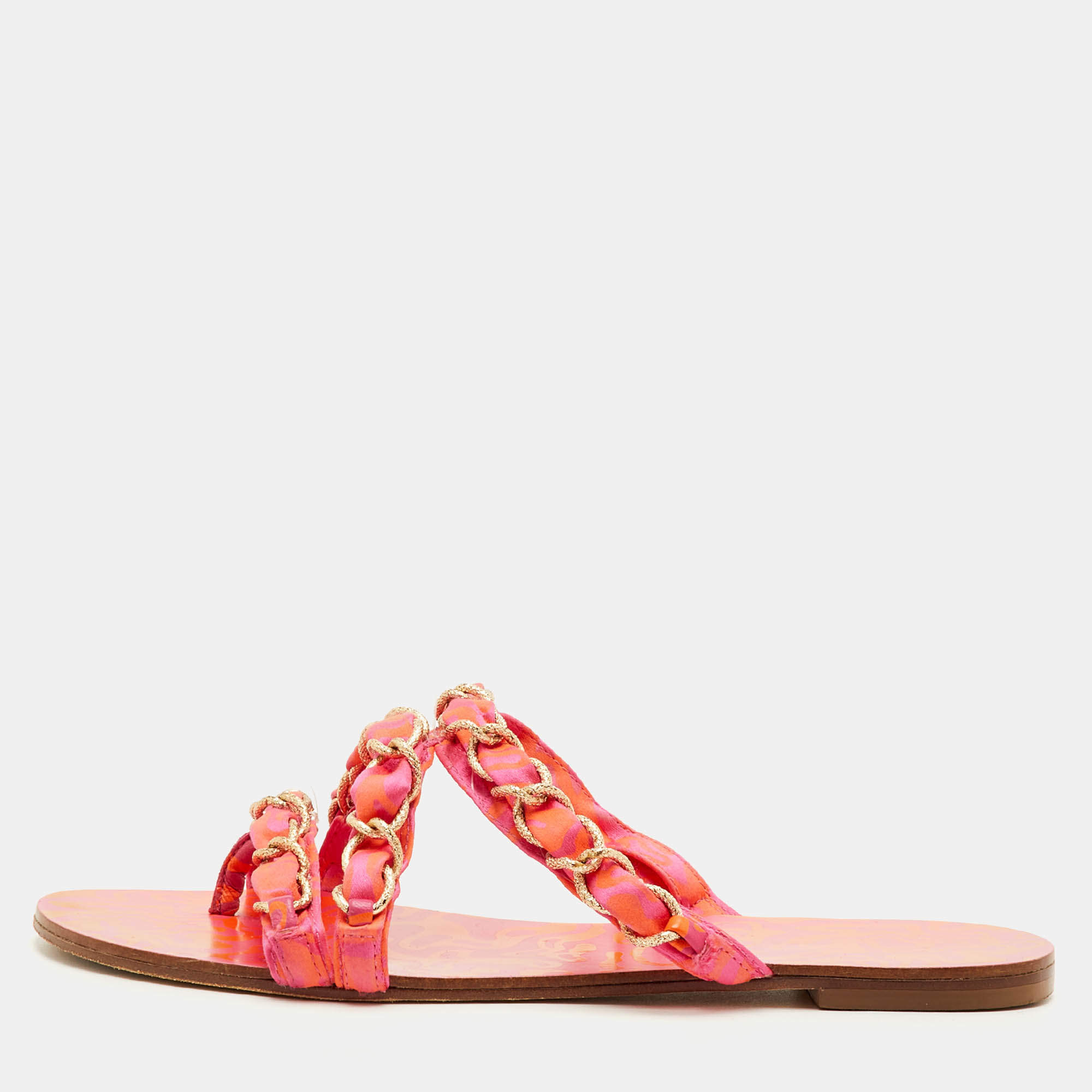 Pre Owned صندل سُوفيا وِيبستر مسطح قماش برتقالي/وردي سلسلة رابط مقاس 39.5