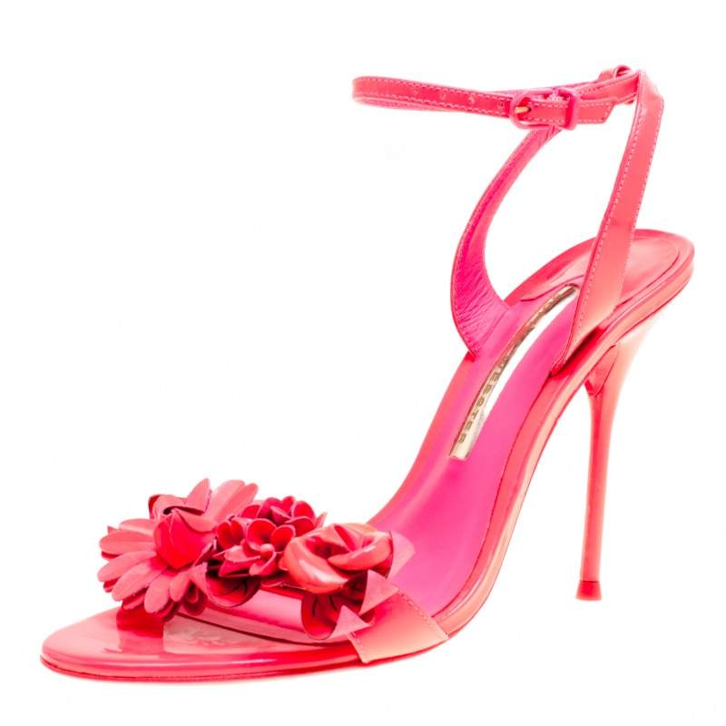 Pre Owned Sophia Webster Fluorescent Pink Patent Leather Lilico Floral Embellished Ankle Wrap Sandals Size 38