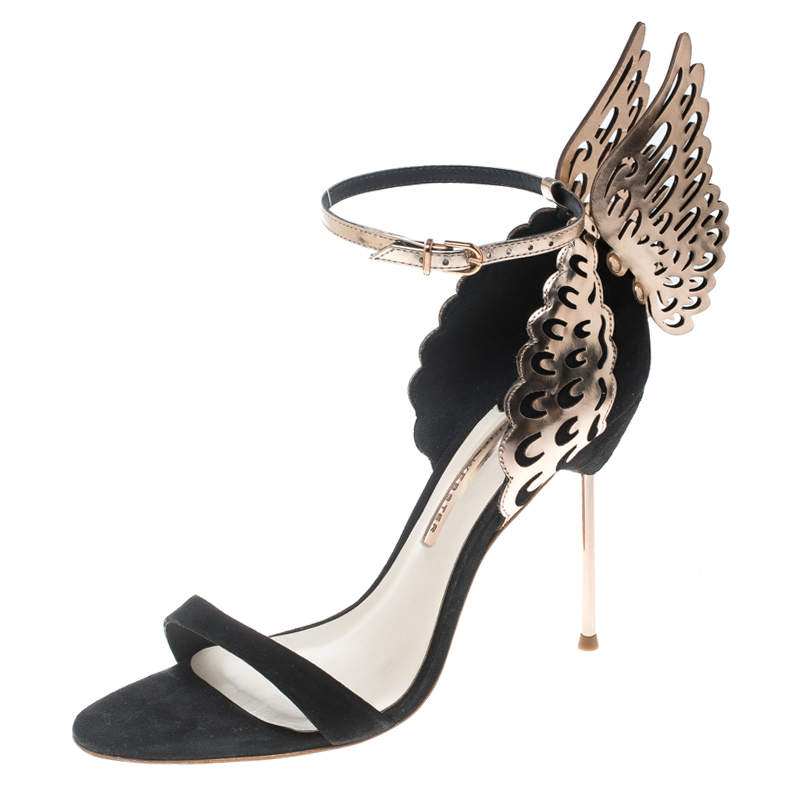 Sophia Webster Black Suede and Laser Cut Rose Gold Leather Evangeline Open Toe Sandals Size 35