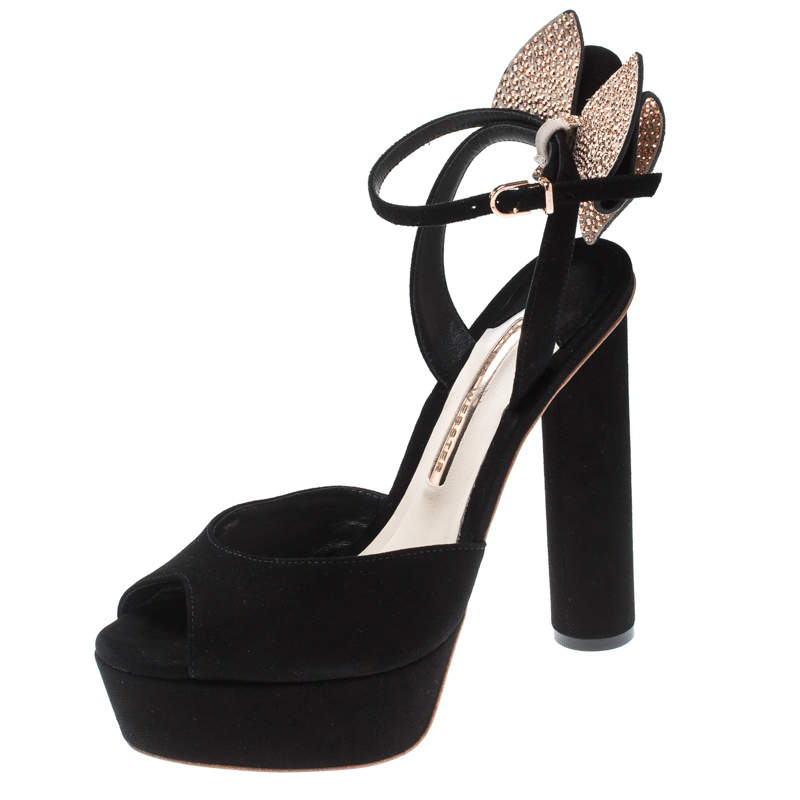 Sophia Webster Black Suede Raye Bow Ankle Strap Platform Sandals Size 38.5