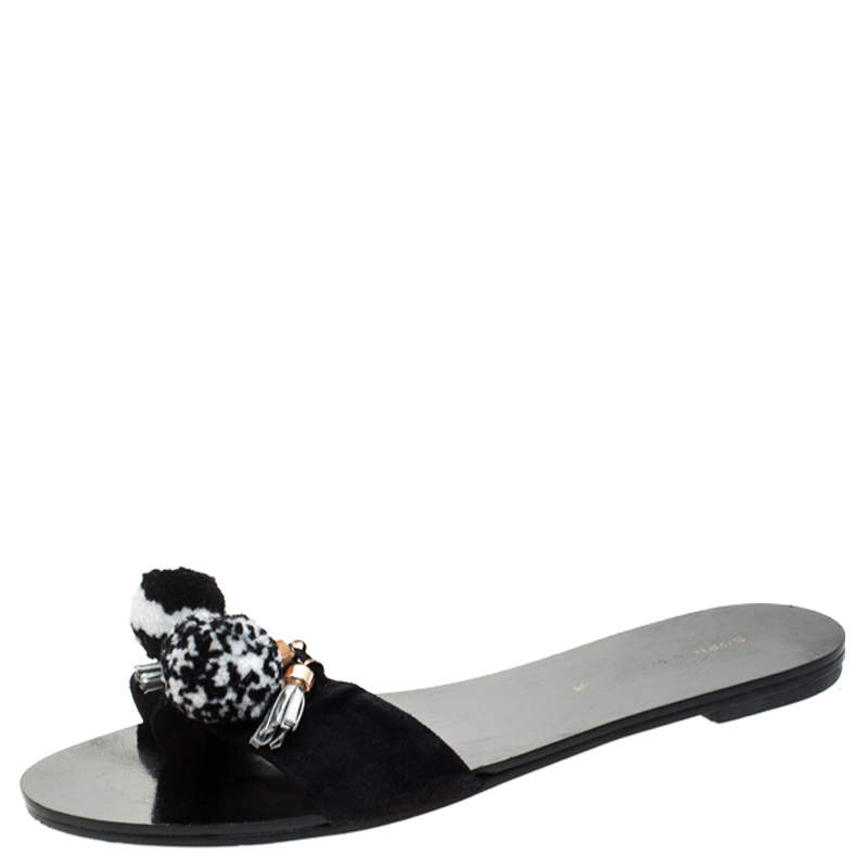 Sophia Webster Black Suede Jada Pom Pom Slide Flats Size 37