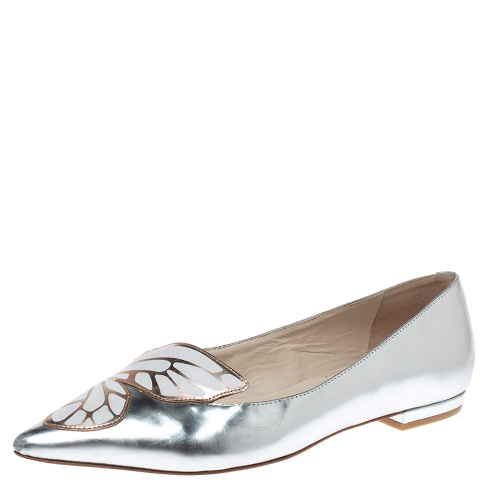Sophia Webster Metallic Silver Leather Bibi Butterfly Pointed Toe Ballet Flats Size 37.5
