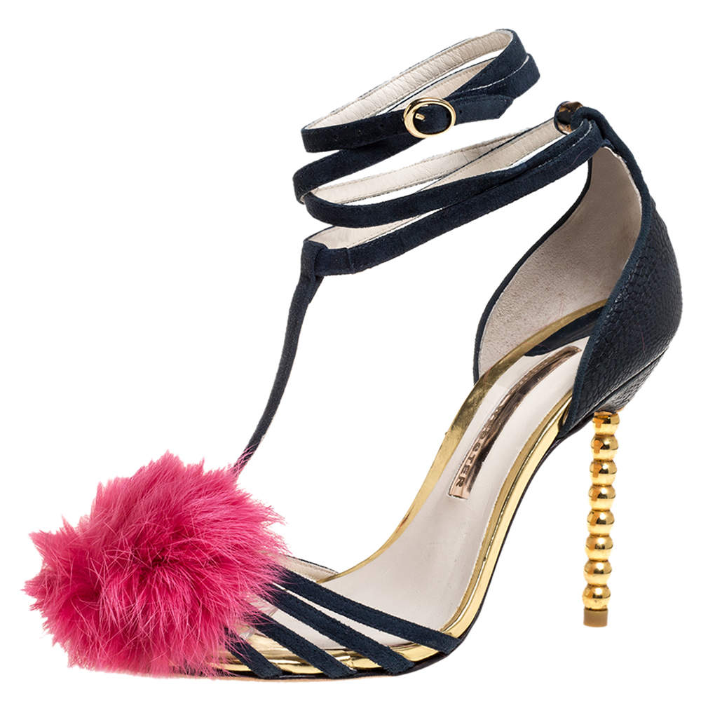 Sophia Webster Navy Blue/Pink Leather Fur Detail Ankle Strap Wrap Up Sandals Size 38.5