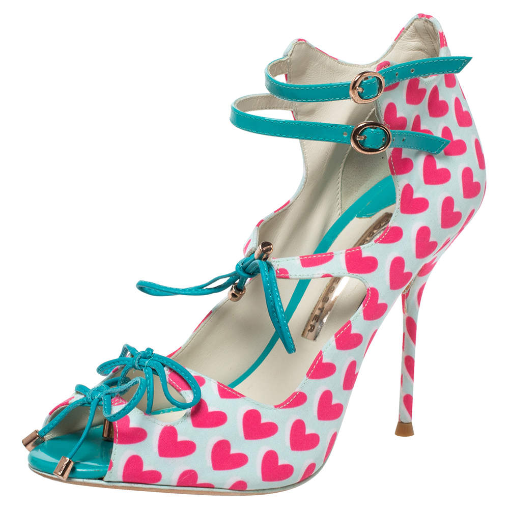 Pre Owned Sophia Webster Pink/Multicolor Nylon And Leather Heart Print Sandals Size 37.5