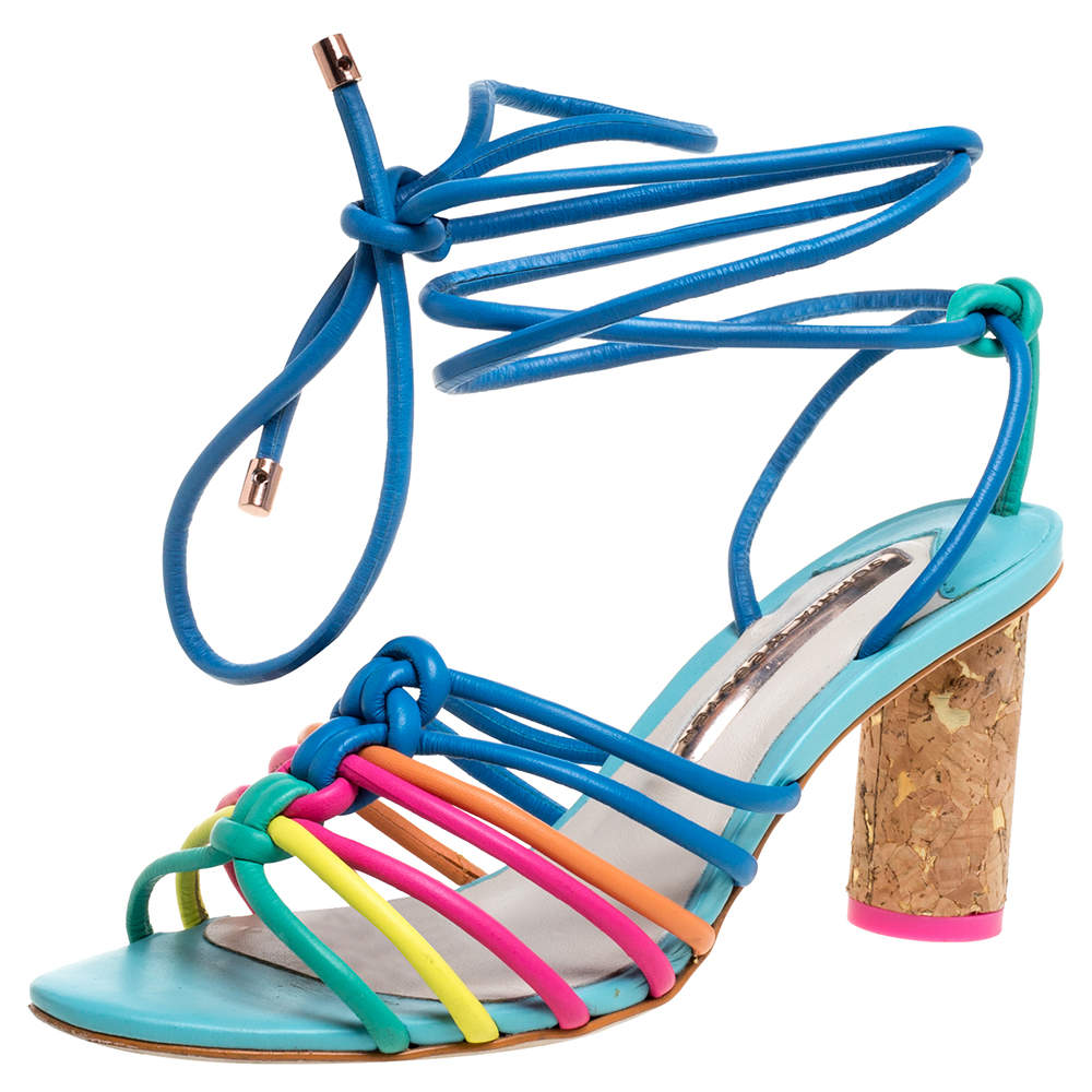 Sophia Webster Multicolor Leather Cord Copacabana Cork Heel Ankle Wrap Sandals Size 36.5