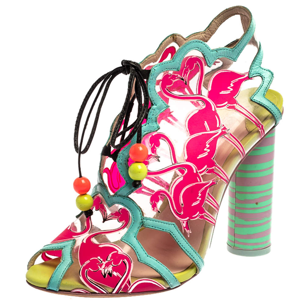 Sophia Webster Multicolor PVC And Leather Trim Flamingo Ankle Wrap Sandals Size 37
