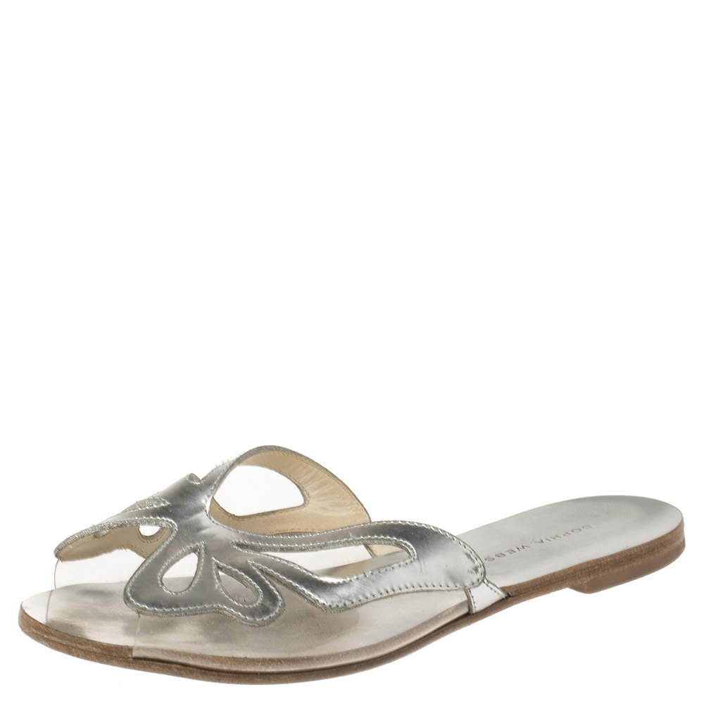 Pre Owned Sophia Webster Silver Leather And PVC Madame Butterfly Flat Slides Size 35.5