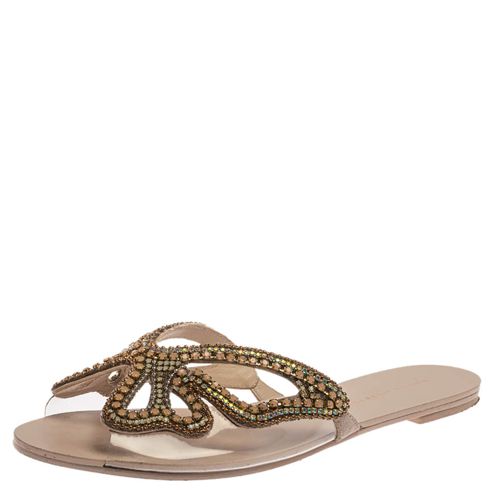 Pre Owned Sophia Webster Pale Pink PVC Madame Crystal Embellished Slide Flats Size 39.5