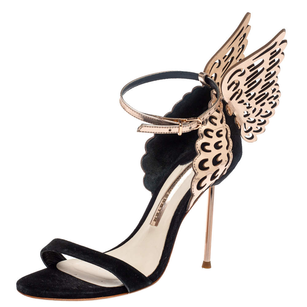 Pre Owned Sophia Webster Black/Rose Gold Suede and Leather Evangeline Open Toe Sandals Size 36.5