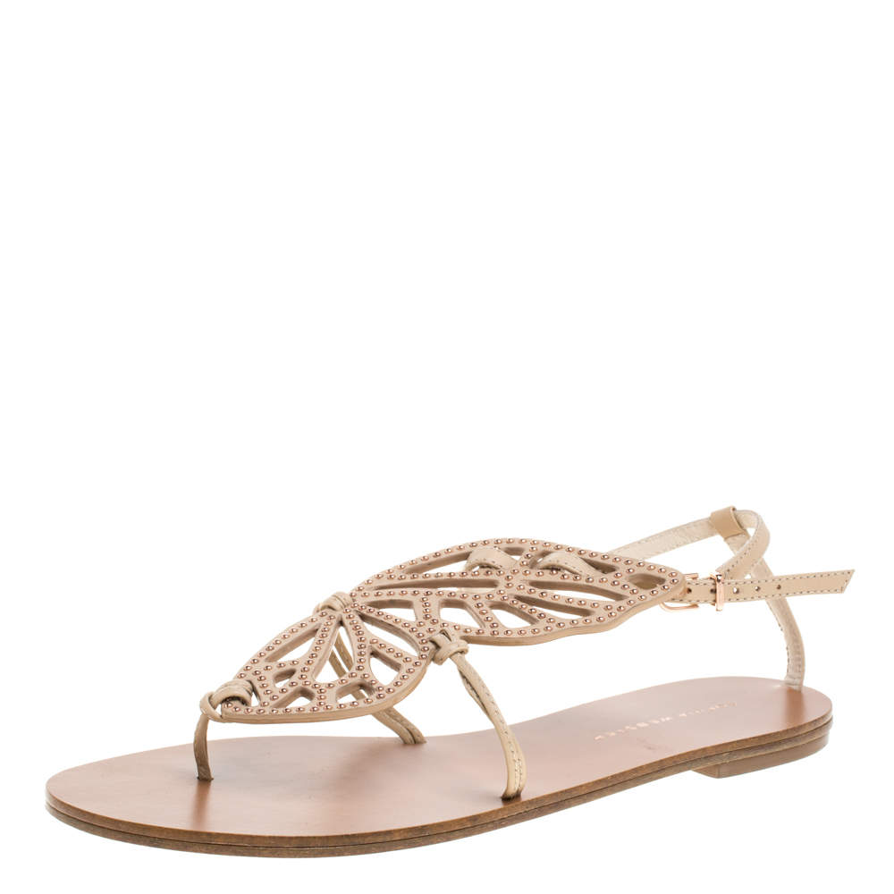Sophia Webster Beige Leather Studded Butterfly Flat Sandals Size 39