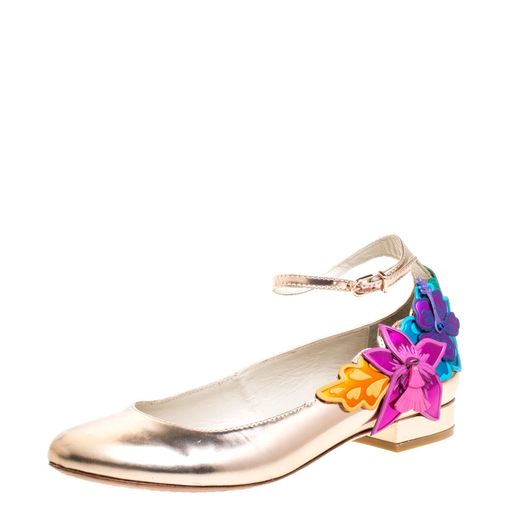 Sophia Webster Metallic Bronze Leather Floral-Applique Ankle-Strap Ballet Flats Size 38 