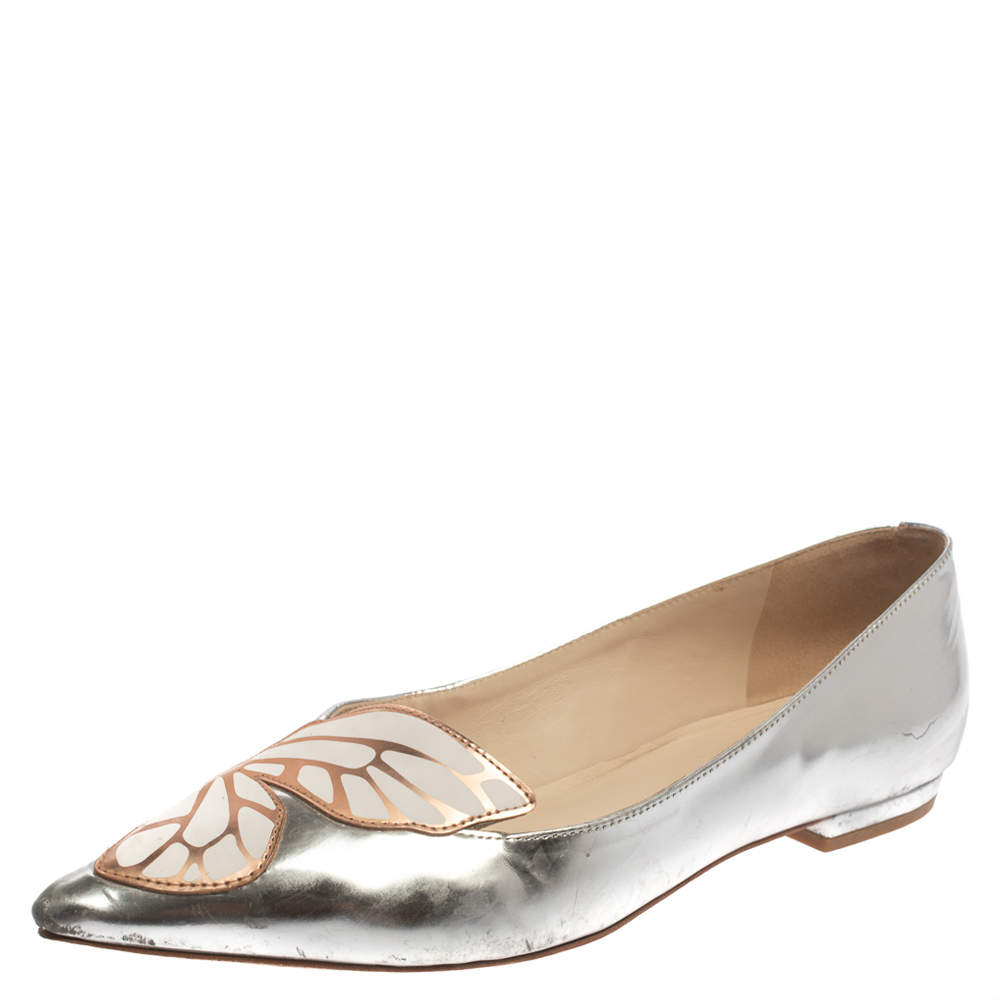 Pre Owned Sophia Webster Metallic Silver/Rose Gold Leather Bibi Butterfly Pointed Toe Ballet Flats Size 37.5