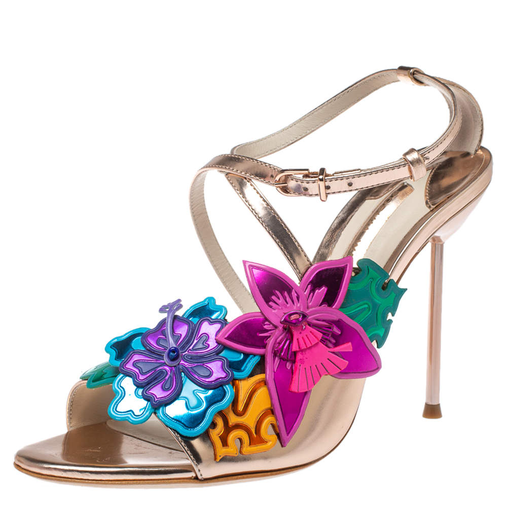 Pre Owned Sophia Webster Rose Gold Foil Leather Hula Floral Embellished Crisscross Sandals Size 38