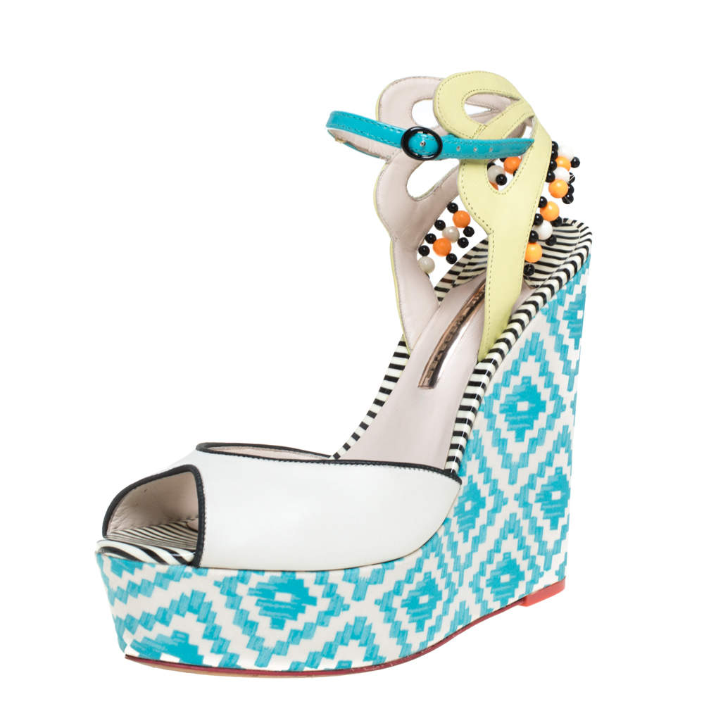 Sophia Webster Multicolor Printed Canvas and Leather Wedge Sandals Size 40