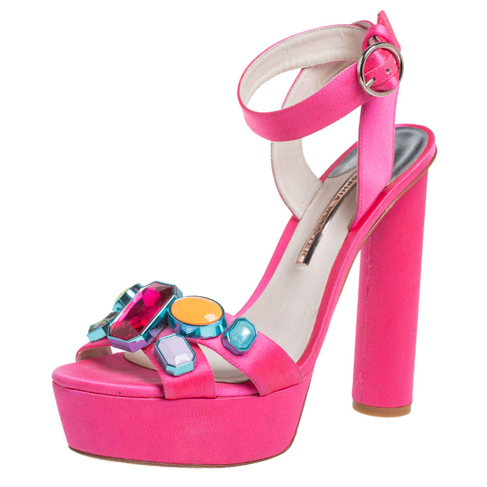 Sophia Webster Pink Satin Amanda Crystal Embellished Platform Ankle Strap Sandals Size 40