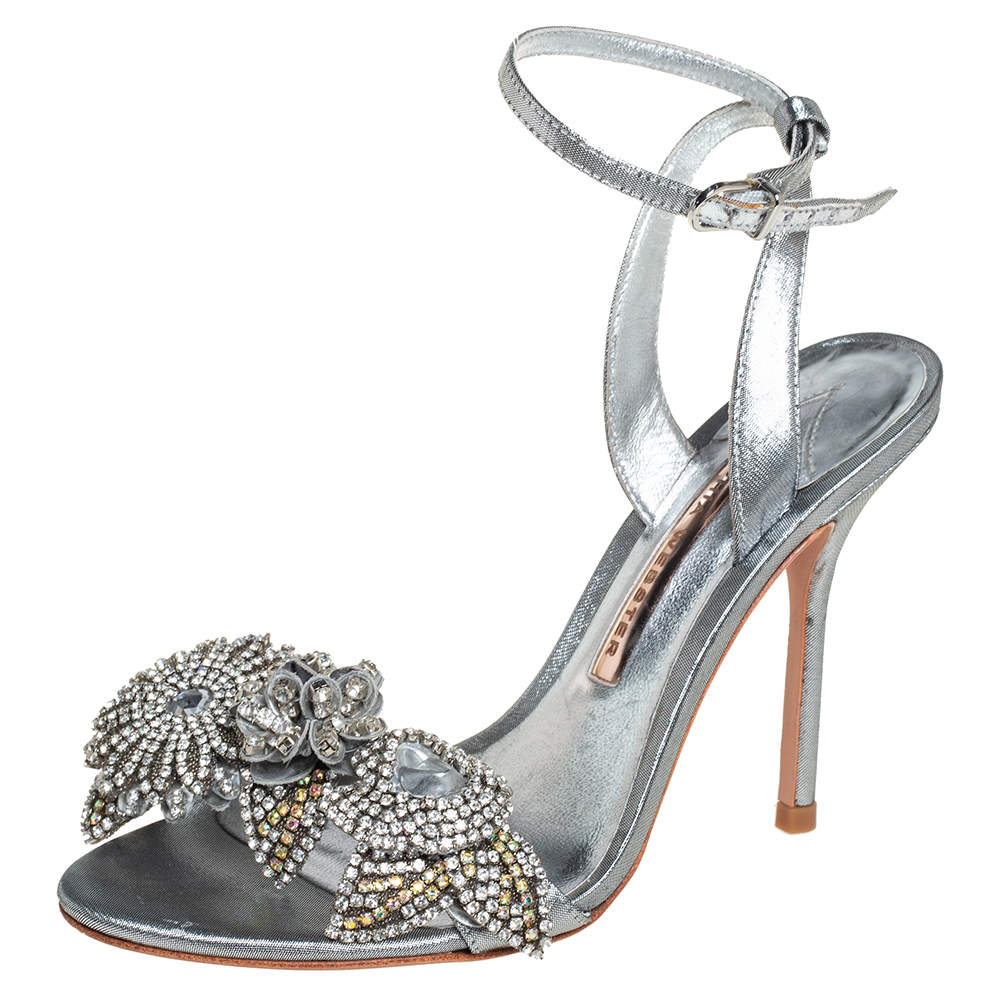 Sophia Webster Silver Leather Crystal Embellished Slingback Sandals Size 36.5