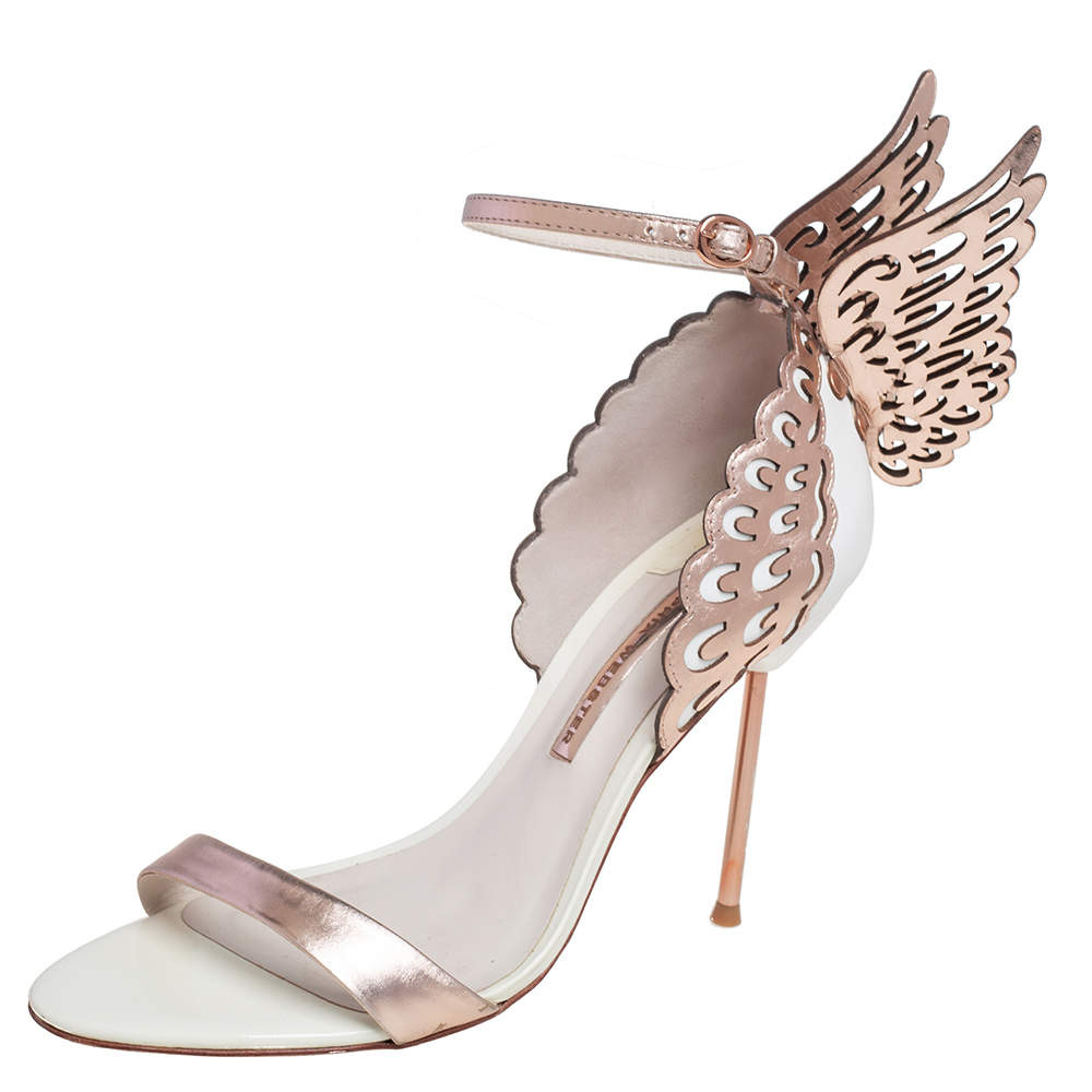 Sophia Webster White/Rose Gold Leather Evangeline Laser Cut Angel Wing Ankle Strap Sandals Size 40.5