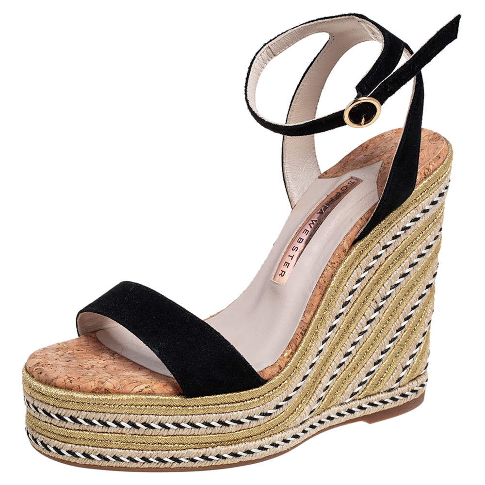 Pre Owned Sophia Webster Black/Gold Suede Lucita Espadrille Wedges Size 38.5