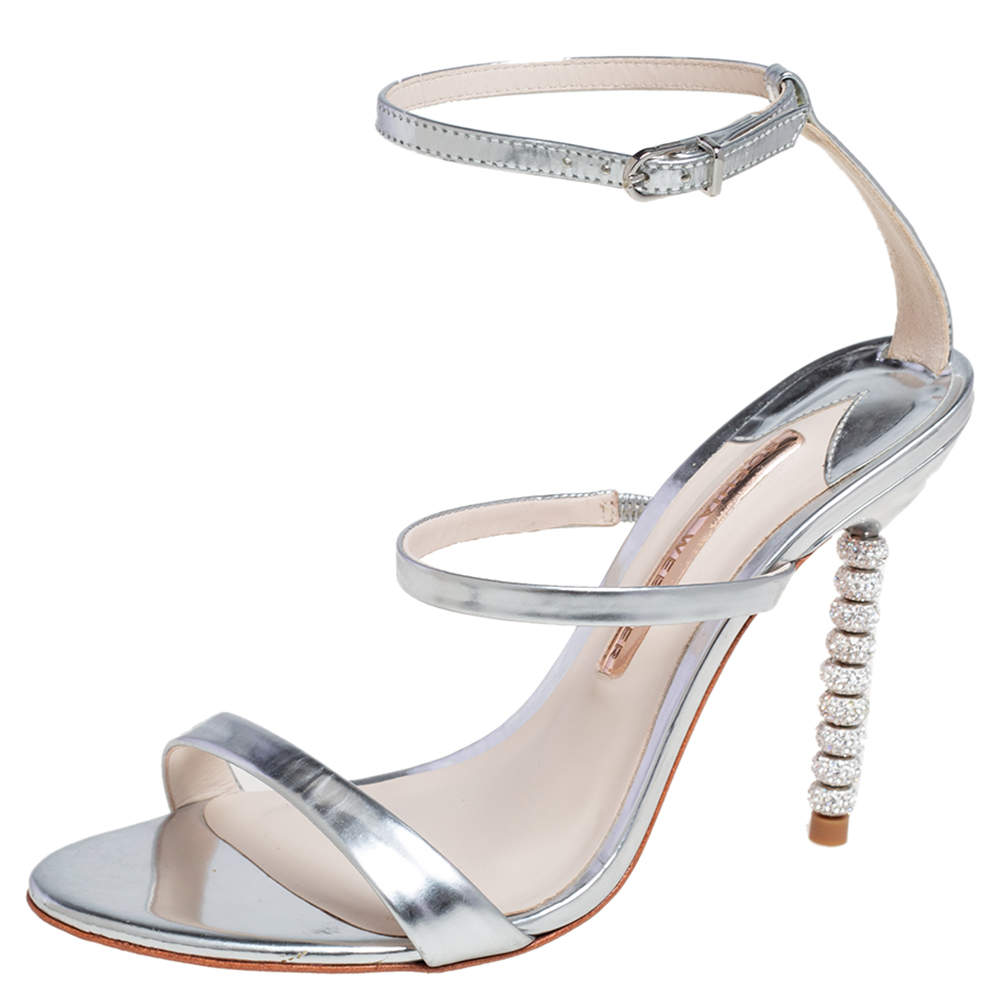 Pre Owned صندل سوفيا ويبستر روزاليند جلد فضي سير كاحل كعب مزين بالكريستال مقاس 38 